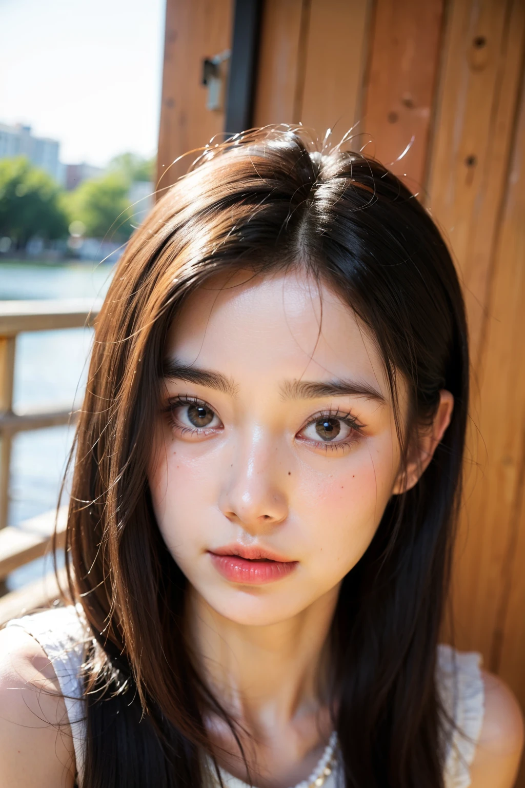 Help me generate a real boy face,Thick eyebrows,The upper lip is thin,Thick lower lip,Cheeks wide,A mole on the nose,The bridge of the nose is straight。
