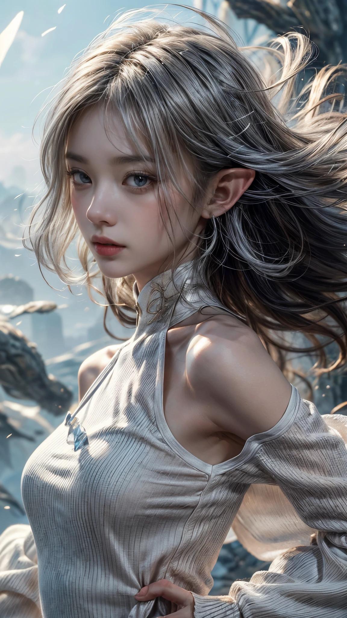 silver hair、(masterpiece, Highest品質, Highest, official art, beautiful and aesthetic, exposed for a long time: 1.2), smooth movement, attractive pattern, 1 girl, (long dress with sleeves: 1.3), (((white clothes) )), Upper body close-up, bare shoulders, chinese girl, blush, black lob hair, portrait, alone, Upper body, observe the observer, detailed background, detailed face, (crystal AI, crystal theme:1.1), Wind attribute goblin, Rotating wind, control the wind, White crystal clothes, dynamic pose, suspended particles, ether dynamics, whirlwind, vapor, whirlwind in the background, white tone, whirlwind, great atmosphere,silver hair、elf、round face、