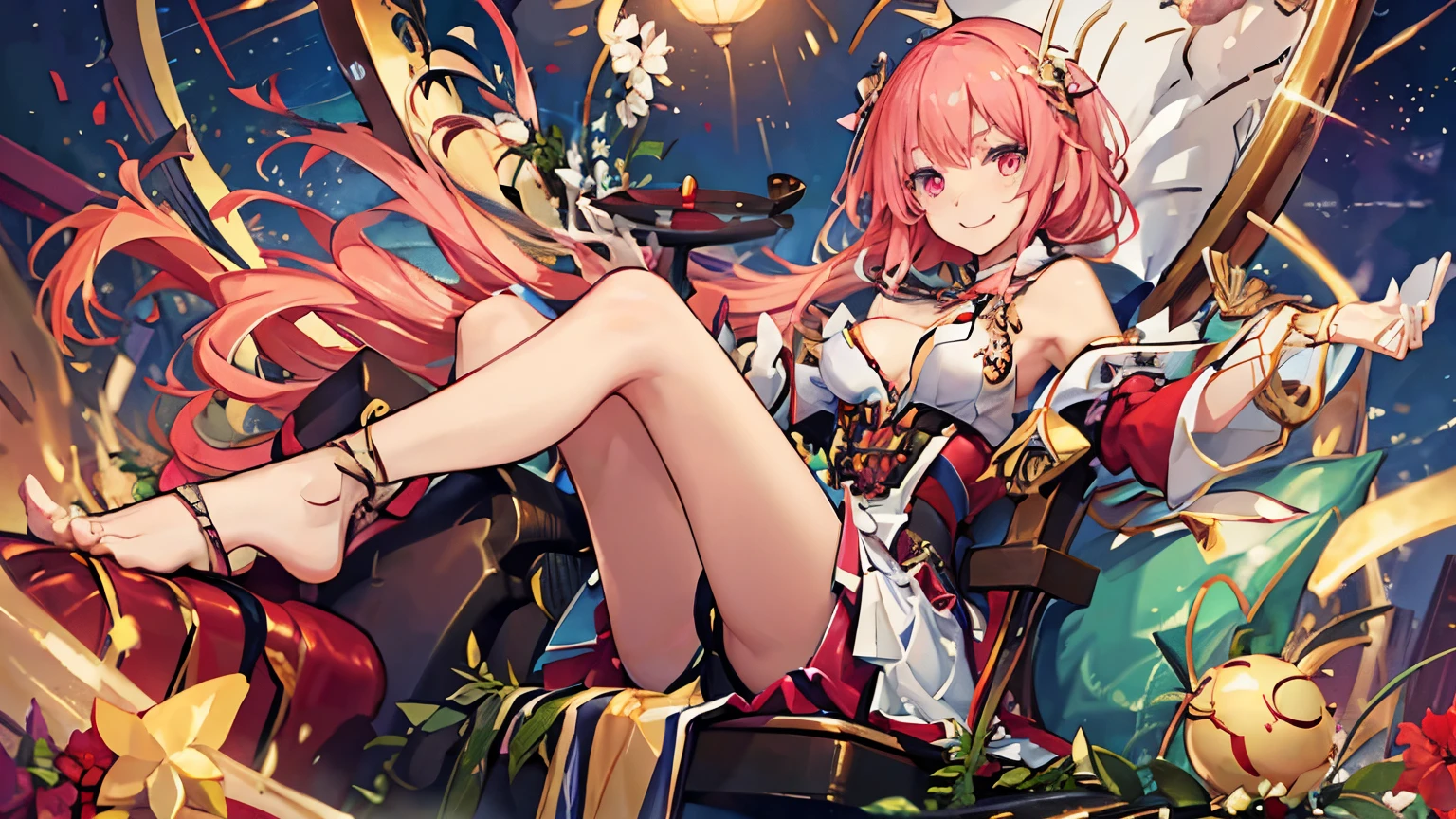 1 girl、Main llustrious、nail art、wine、noble、smile、grace、Glittering、gem、ring、hair ornaments、dress、night会服、fantasy anime、party、 highest quality, High resolution, unity 8k wallpaper, cold eyes,Awakened expression、 highly detailed face, perfect lighting, Highly detailed CG, (((perfect hands, perfect anatomy))),sofa、mansion、luxury、adult、Beauty、sofaに座っている、legs crossed、luster、Light and shadow、night、wineグラスを手にしている、beautiful anime、artwork、long hair、ping gold hair、黒いdresesmerizing、bewitching、charm、pastel colour