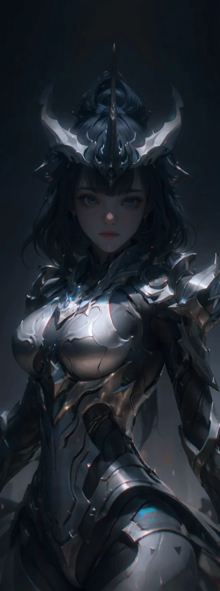 1 girl, no face, mysterious, helmet, unicorn horn, glowing eyes, Extreme detail expression, Glossy metal, dynamic angle, detailed light, dramatic_shadow, ray_tracing, reflection,Raw, cinematic shot, (sharp focus:1.5), (photorealistic:1.2), twilight lighting, volumetric lighting, ultra high res, 16K,dramatic lighting,