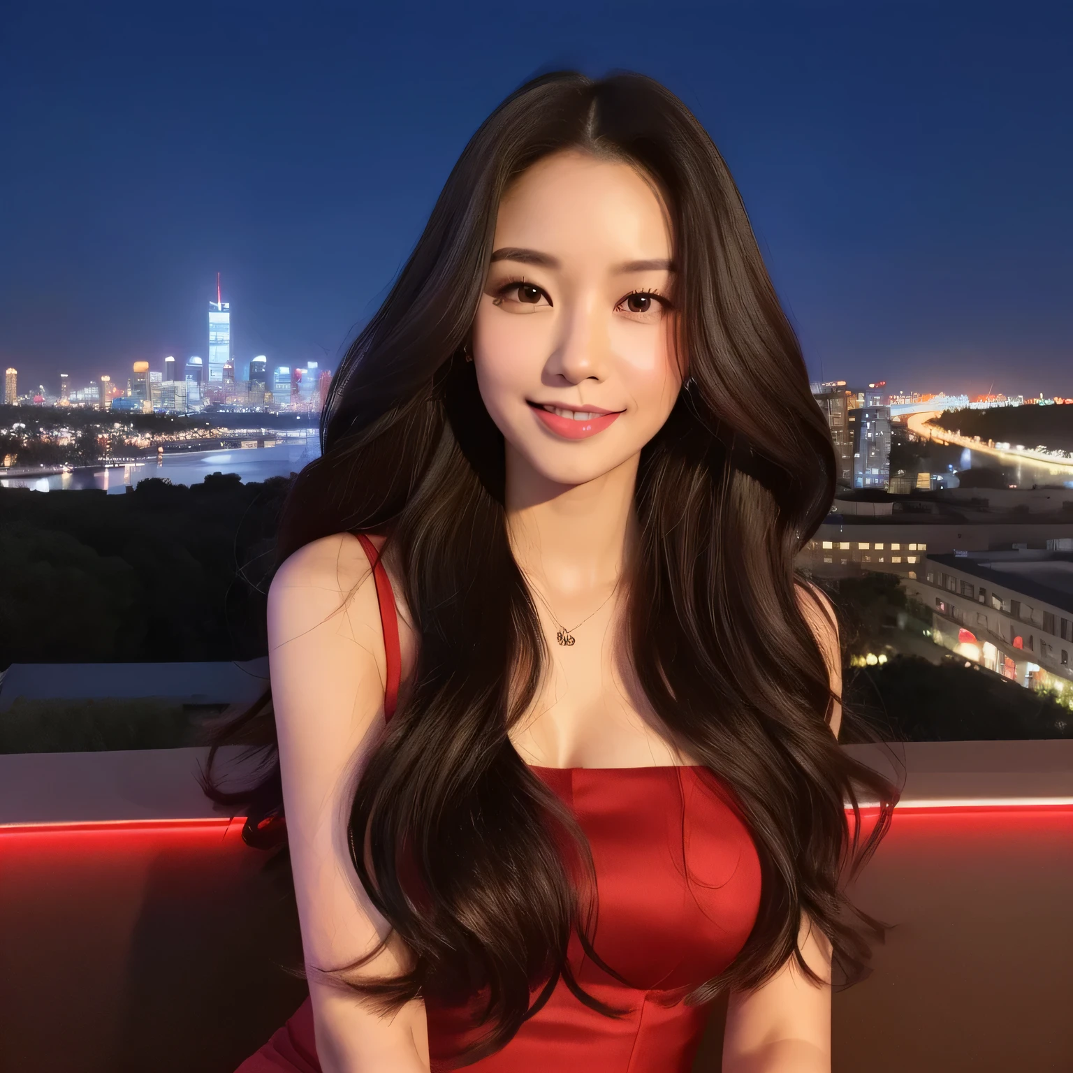 1 adult female, long hair, curly hair, black hair color, smooth skin, brown eyes, Make you smile, time々, red long dress, realist, With city night view background, 8k super realist, super detalhado e realist