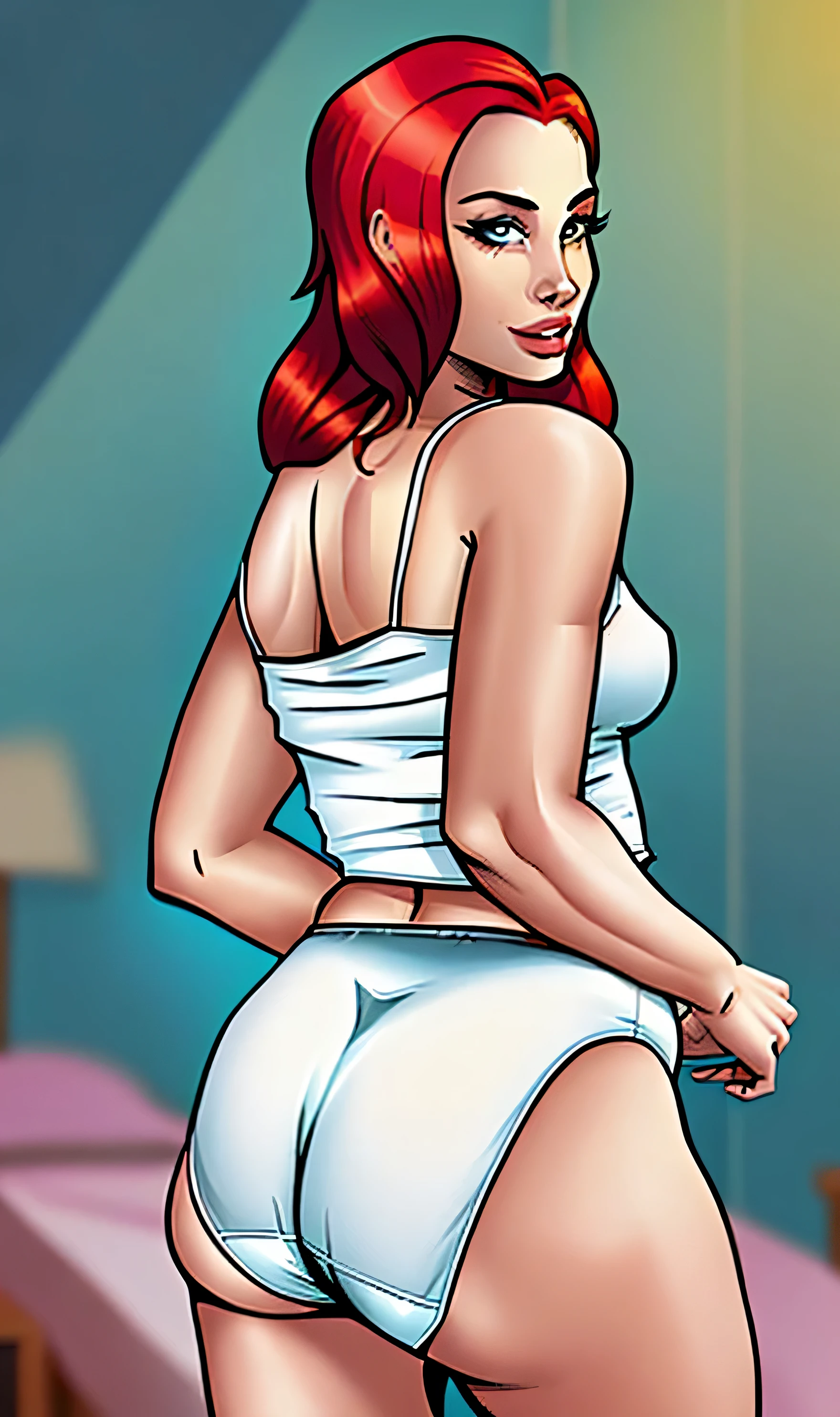 ((((masterpiece, best quality)))), ((33 year old)), (((Curvy))), ((Latina with long red hair)), in ((white tanktop)), ((white high cut fullback panties)), ((Large Hips)), ((Standing in a messy bedroom)), (((comic book art style)))
