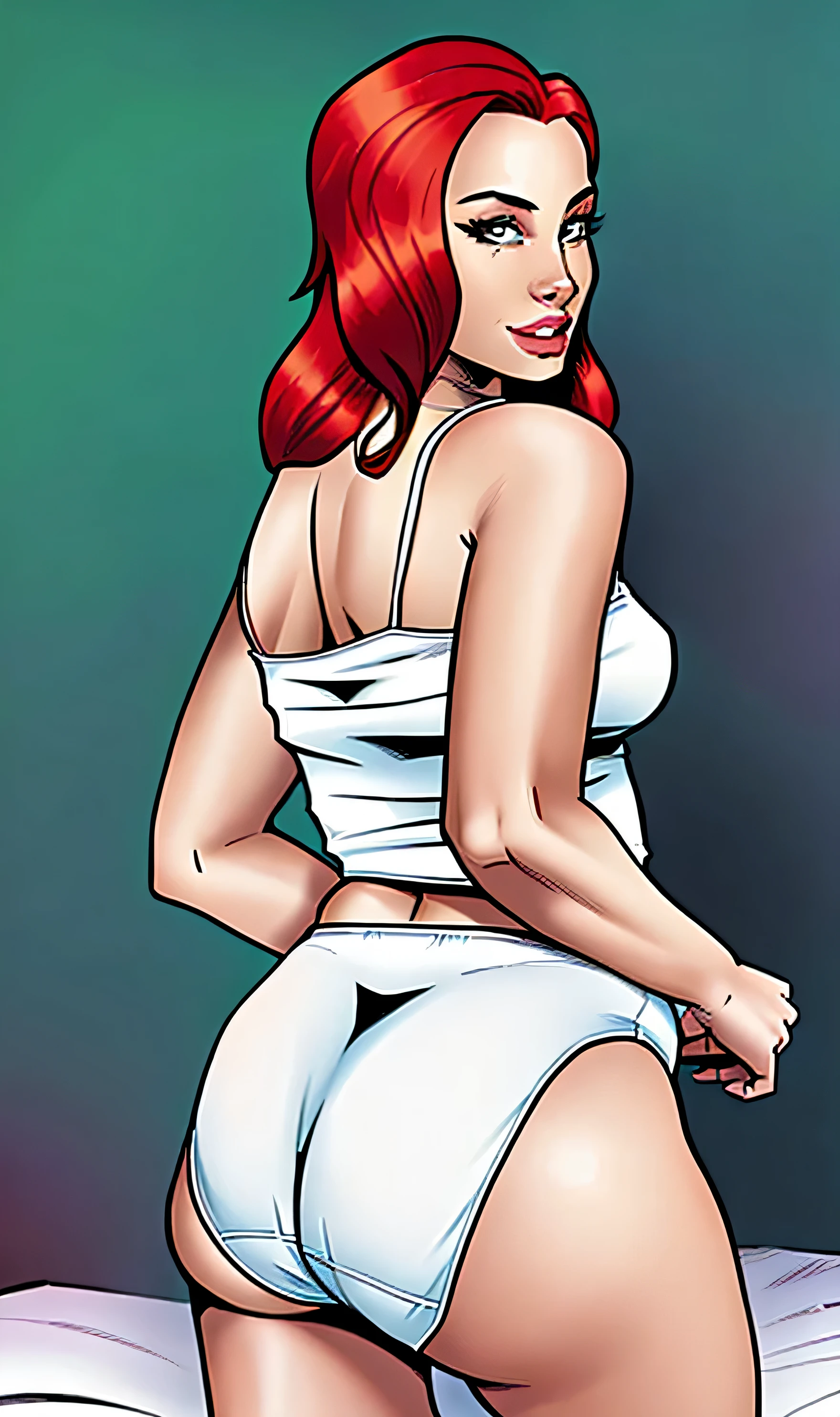 ((((masterpiece, best quality)))), ((33 year old)), (((Curvy))), ((Latina with long red hair)), in ((white tanktop)), ((white high cut fullback panties)), ((Large Hips)), ((Standing in a messy bedroom)), (((comic book art style)))