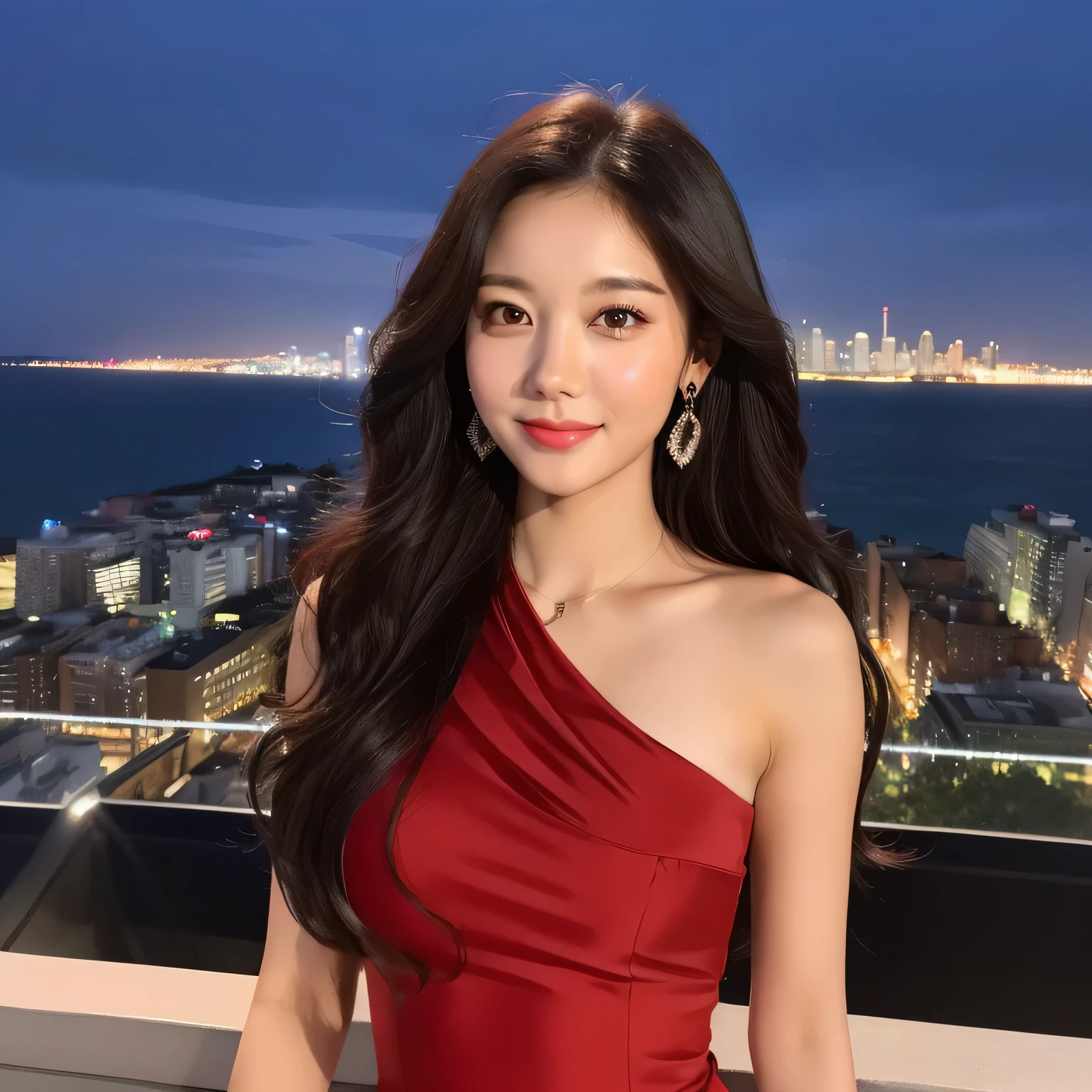 1 adult female, long hair, curly hair, black hair color, smooth skin, brown eyes, Make you smile,  time々, red long dress, realist, With city night view background, 8k super realist, super detalhado e realist