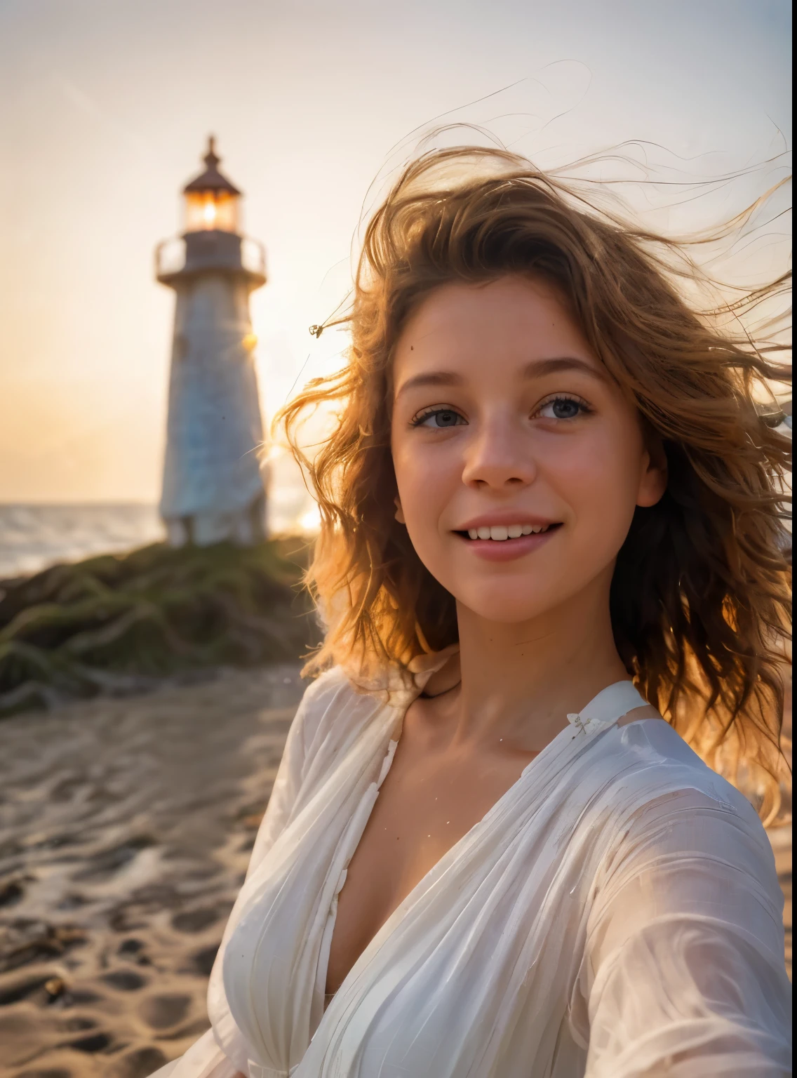 a curly-haired girl walking on the beach, singing a song,illustration,oil painting,detailed beach scene,lively summer atmosphere,best-quality,ultra-detailed,high-res,portrait,beautiful detailed eyes,beautiful detailed lips,ultra-detailed face,long eyelashes,vivid colors,warm sunlight,soft golden sand,palm trees swaying in the breeze,lush greenery,seabirds flying in the sky,sparkling turquoise waves,crystal-clear water,white seashells scattered on the shore,sun-kissed skin,flowing wavy hair,summer dress,joyful expression,wide smile,playful stance,chirping seagulls,gentle ocean breeze,bokeh effect,lens flares,soft lighting,serene and uplifting atmosphere.
