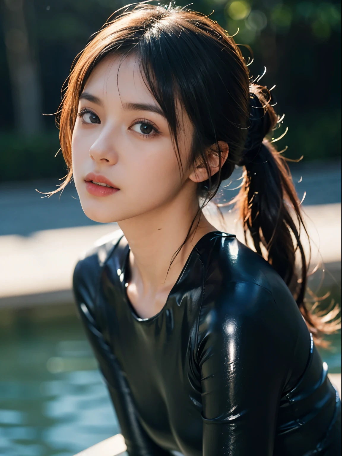 (RAW Photography:1.2)、top-quality、a beautiful detailed girl、tight water suit、latex wet suit, Twin-tailed、extremely detailed eye and face、beatiful detailed eyes、huge filesize、hight resolution、hight resolution、8k wallpaper、finely detail、Highly detailed ticker uniform 8k wallpaper、Light on the face、movie lighting、16-year-old girl、sexy  pose、(photorealisim:1.4)、illustratio、surrealism、 frombelow、super detailing、​masterpiece