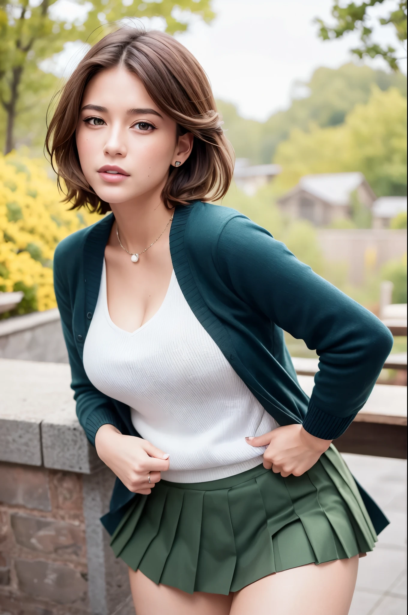 (Photorealistic:1.5), 8K RAW photo, Top Quality, masterpiece, The ultrahigh resolution, film grain, 1Girl, looking up at viewer, Natural skin texture, realistic eye and face details, Full Lips, Lipstick, (makeups), red eyeshadow, fluffy short hair, Messy hair, Shut it, Beautiful Legs, tall female, skinny, Slim Legs, Solo, middle breast, cleavage, Pose with buttocks facing you, school uniforms, ultra short skirt, (green pleated skirt:1.3), butt, sweatshirt, short sleeves, jk ribbon on the neck, jk ribbon, light brown hair, beautiful nature location, around flower positions, green plaid skirt, white shirts, tits huge, cleavage, show a little cleavage through shirt, loafers, parted lips, lip, from the side, anatomically correct,