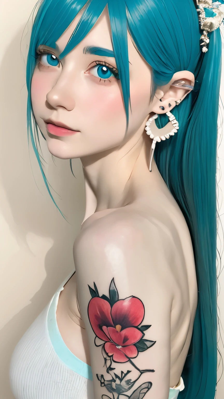 hair ornaments、earrings、tattoo、goth_punk, 1 girl, alone,、highest quality, realistic, Super delicate illustration, beautiful and attractive anime girl, miku hatsune, slender body, tied hair, one girl, girl pictures, full body shot, beautiful blue eyes, looked back,ear nipple rings、hair ornaments、gem、miku hatsune、