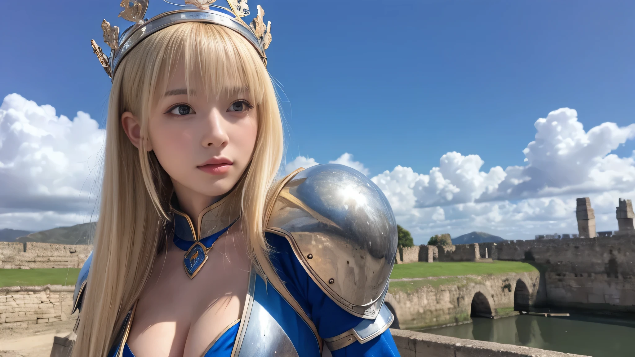 (alone,masterpiece,highest quality,High resolution,realistic, photo realistic), cosplay,Artoria Pendragon, High resolution, beautiful eyes、well-groomed face,long eyelashes,smooth skin,plump lips, blonde, Because I'm slender,Upper body,medieval armor,cleavage, put your hand on your cheek,crown,blue sky,White cloud,ancient capital