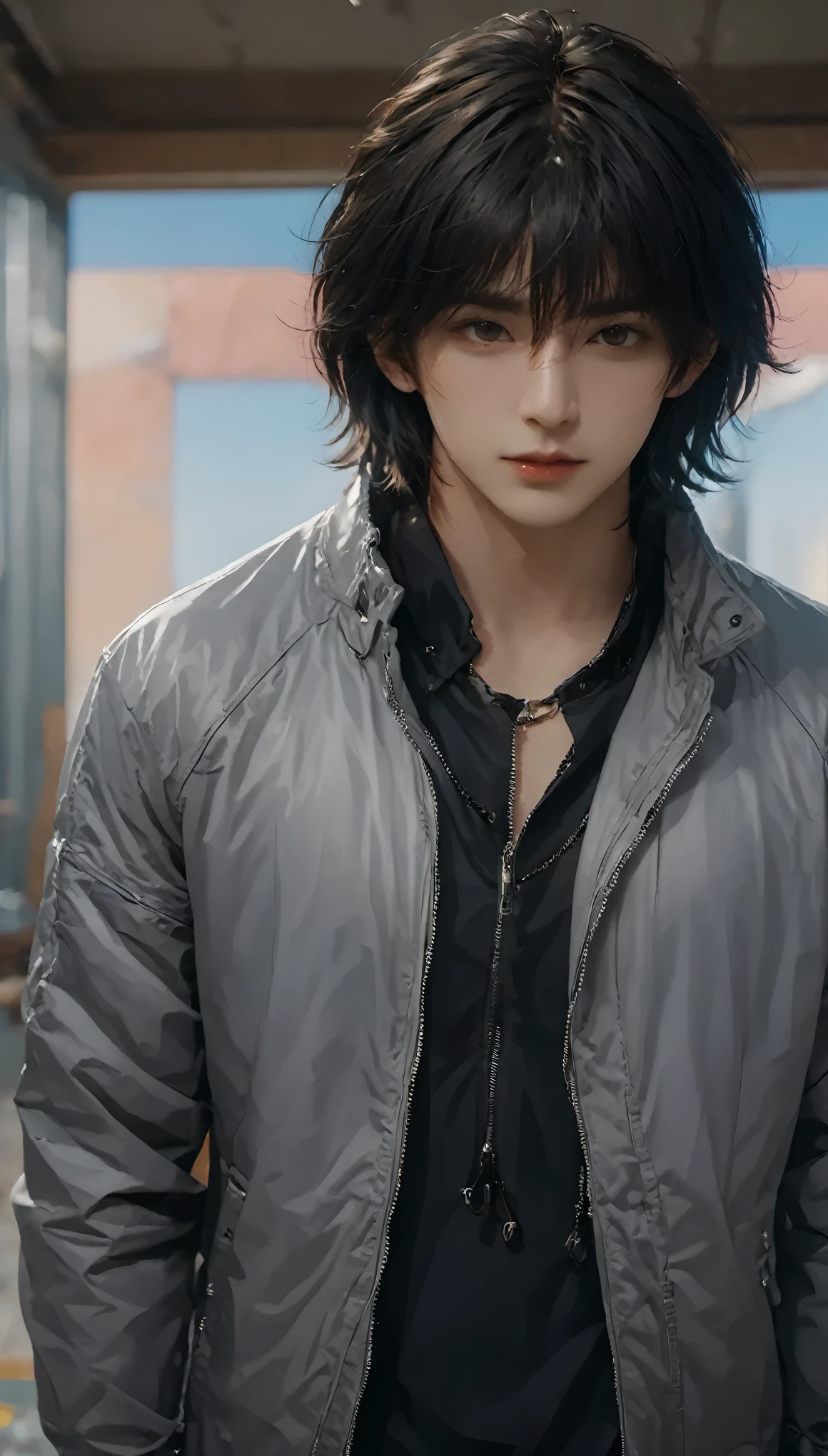 (masterpiece, best quality:1.2), 1 boy,black hair,blurred background,depth of field,gray eyes,hair between eyes,Jacket,lips,looking at the audience,indoor,permanent,nose of an airplane,nose,Open your clothes,open Jacket,actual,shirt,long hair,alone,Upper body,Pull