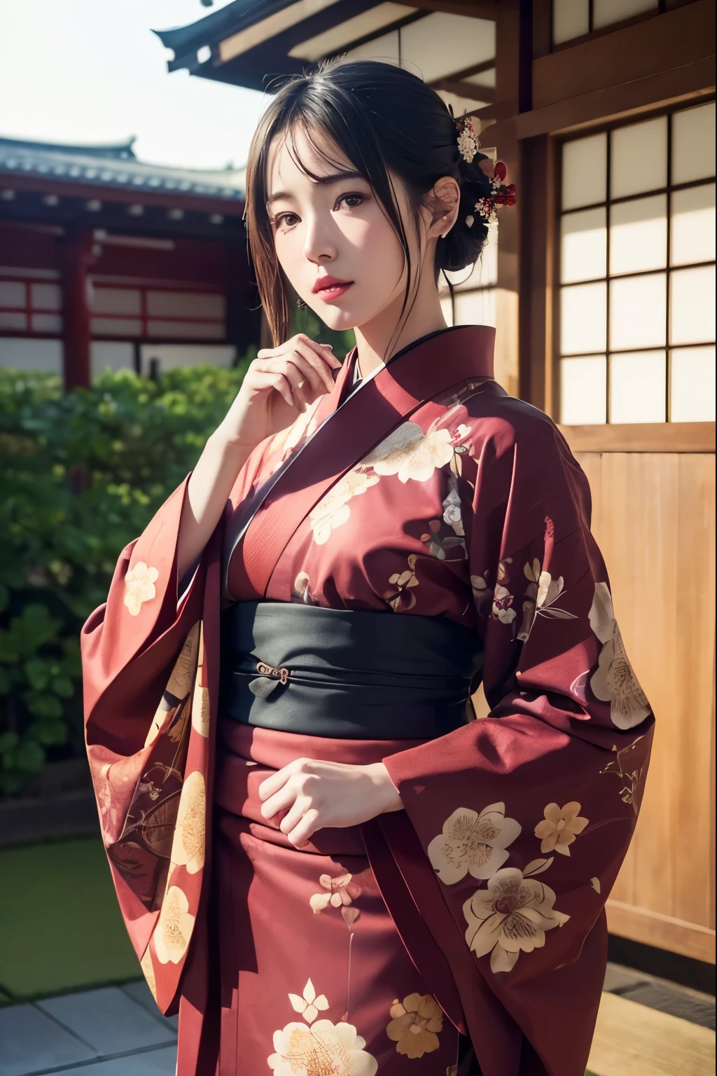 Tifa Lockhart, (maroon kimono:1.2)、(komono:1.2)、(with floral pattern)、(left hand's up) (left hand bringing Japanese umbrella), (long-sleeve)、1 girl、full bodyesbian、(short-haired)、(reallistic:1.7)、((Top image quality))、absurderes、(超A high resolution)、(Photorealsitic:1.6)、Photorealsitic、octane renderings、(hyper realisitic:1.2)、(photorealiscic face:1.2)、(8k)、(4k)、(masterpiece)、(realistic skin textures)、(illustratio、Cinematographic lighting、wall-paper)、(beautiful eyes:1.2)、((((face perfect))))、(cute little)、(is standing)、red-lips、outside of house、(Japanese Style Country)、Detailed cute face、Realistic pretty woman