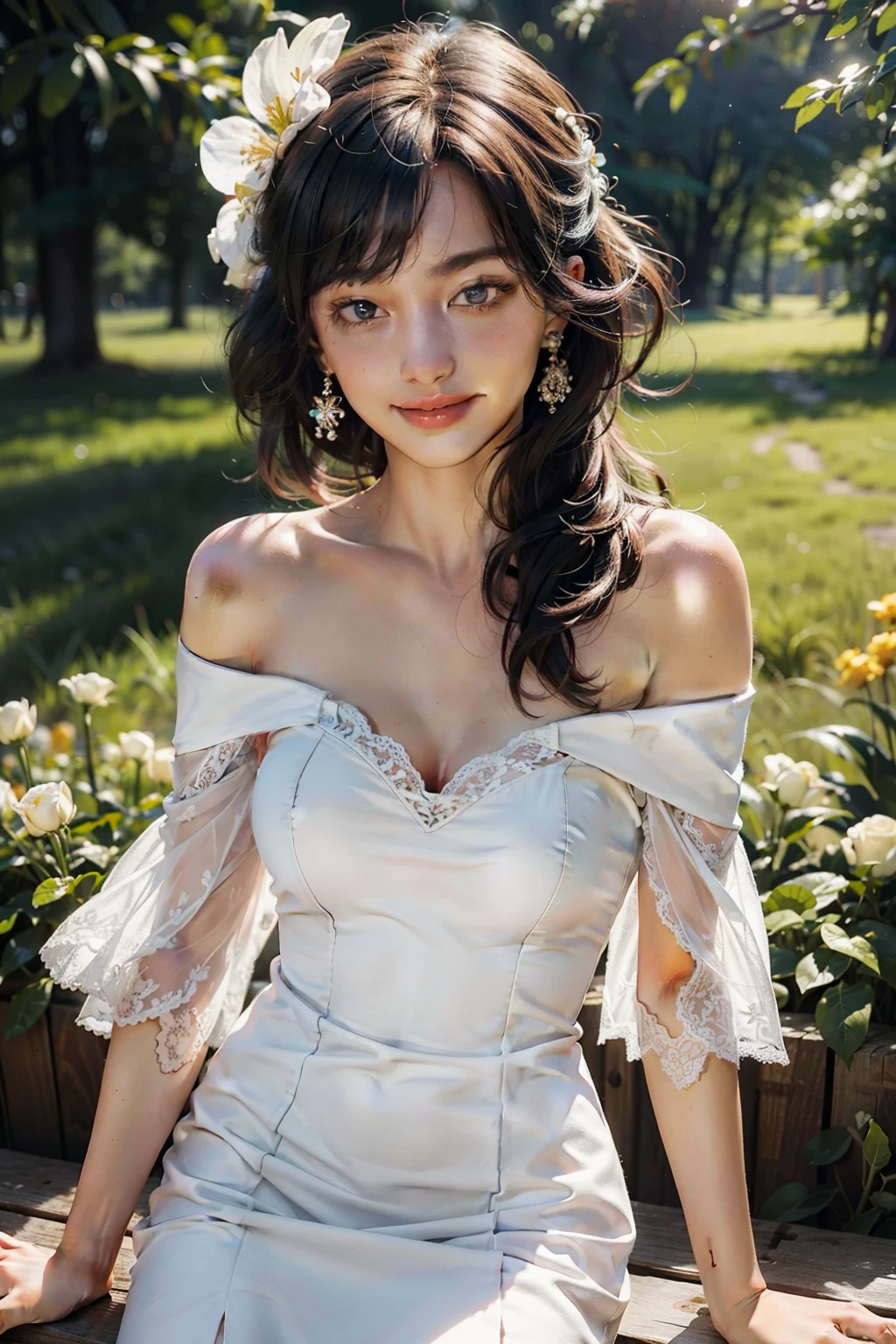 highest quality, masterpiece, ultra high resolution, (realistic:1.4), Raw photo, 1 girl, white dress, off shoulder,  glowing skin, light smile,1 flower