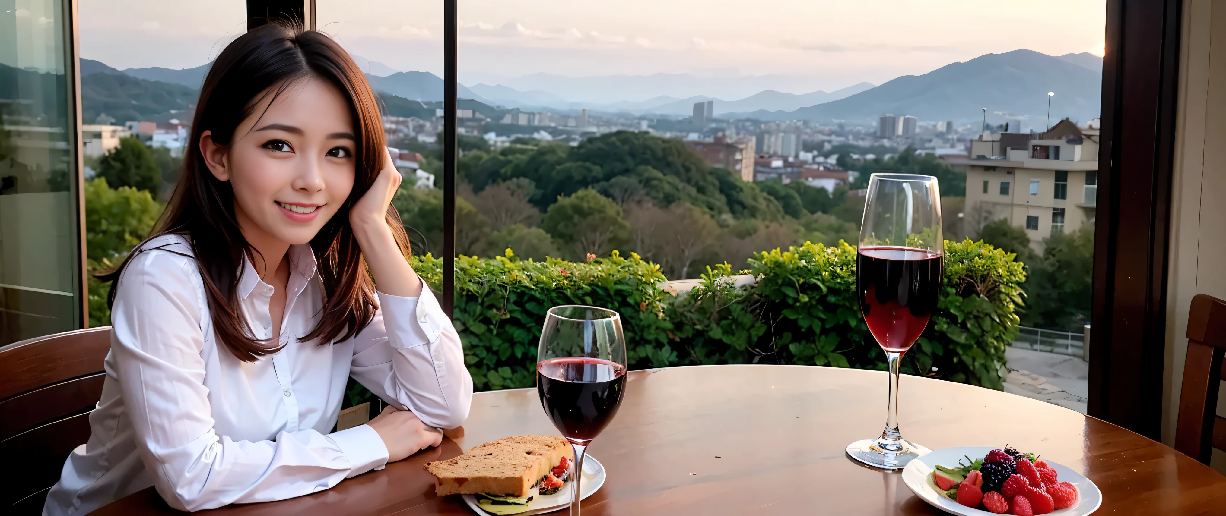 64k, Hmm, highest quality, masterpiece: 1.2), (realistic, photorealistic: 1.37), Spectacular view of the sunset sky and clouds、Amazing mountain views、3 slim beauties, (slim face),Happy、 the best smile、Fox face、Berry Short、(because I'thin), (brown hair), (shortcut), long sleeve shirt、winter fashion、Colombian、Brazilian、Japanese、Dutch、German、Portuguese、Belgian、Italian、French,Champagne、sparkling wine、 (squirt), (slim body), (brown hair), (shortcut), neat beauty、cheeks turn a little red, (35 years old), 38 years old, alone, A beautiful and detailed night view spreads out outside the window....., restaurant, wine glass is sitting, At night, in a prominent place (from the Upper body) nova frog style, actress, model, Upper body, White wine, slim, wine glass, Very beautiful night view, wine glass Put in the Middle, Happy smile, (smile: 1.15),