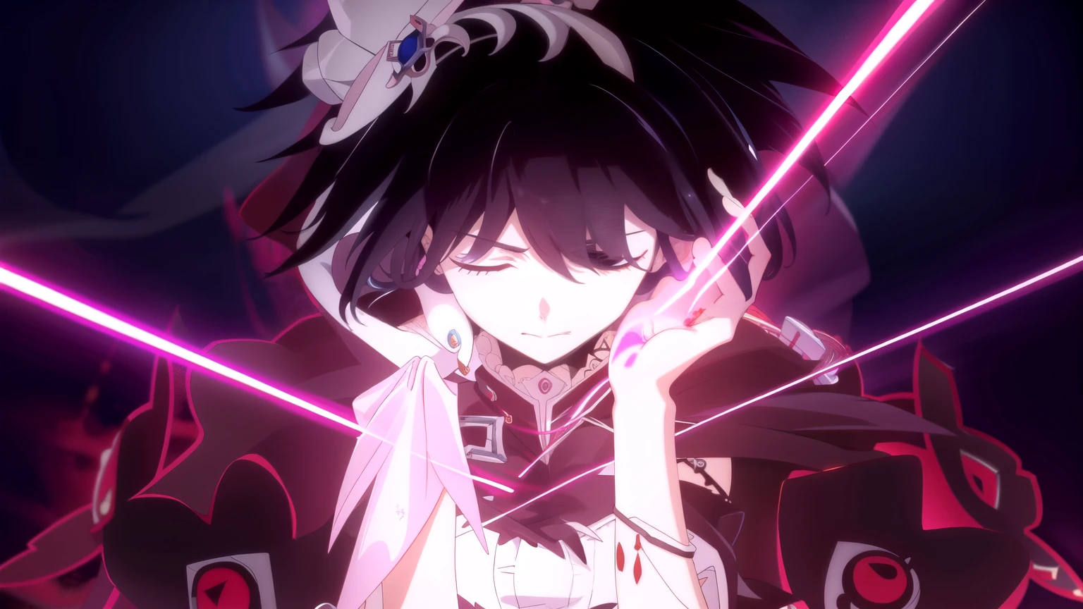 Anime character with black hair and white shirt closes his eyes., Intricate, elegant cgi anime style., blood will flow, black hair mage, ethereal anime, separated from the overlord, 