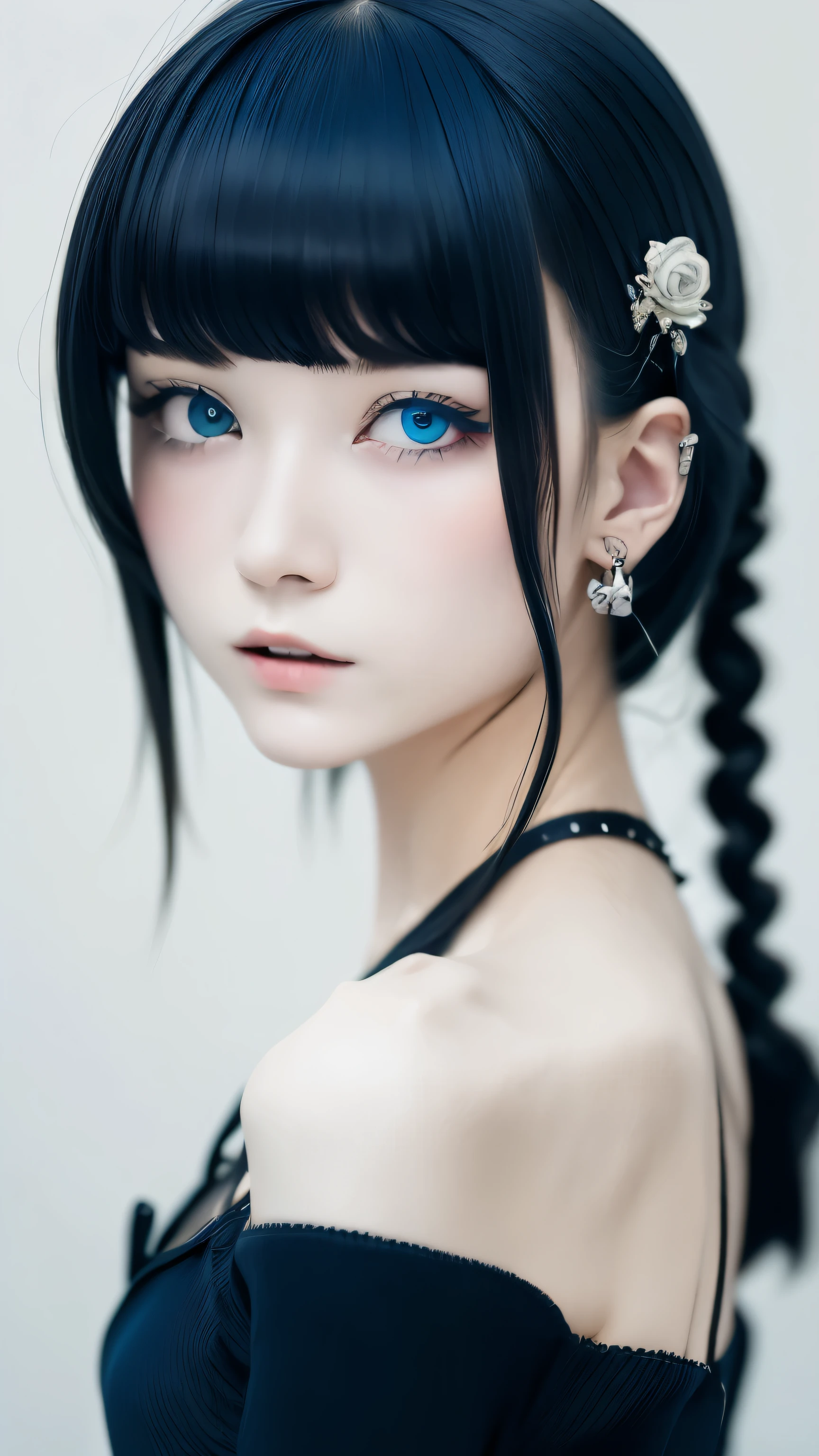 hair ornaments、earrings、(rose tattoo:1.0)、gothic punk, 13 year old girl, alone,、highest quality, realistic, Super delicate illustration, Beautiful and charming girl, slender body, wolf cut hair, one girl, girl pictures, full body shot, beautiful blue eyes, looked back,ear nipple rings、hair ornaments、gem、innocent face、