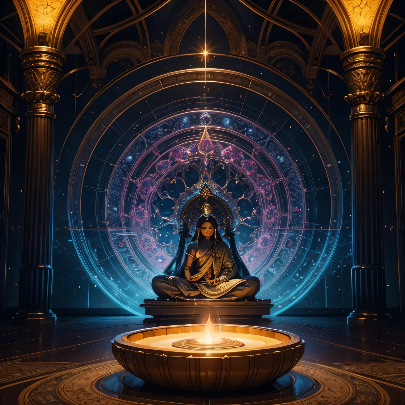 "incitar": "Crie uma imagem fotorrealista que interprete visualmente o conceito: &#39;The science behind mantras is not just a matter of faith, but also a vibrational energy.&#39; Portray a serene and focused individual in a meditative state, surrounded by visible sound waves emanating from your mouth, simbolizando a energia vibracional do mantra. The environment should be a peaceful space conducive to meditation, como uma sala mal iluminada ou um local externo sereno, with subtle scientific elements, such as frequency waveforms or energy diagrams integrated into the background, illustrating the scientific aspect of mantras. Incorpore macio, Ambient lighting to highlight the mystical and scientific atmosphere. The artistic style must combine realism with symbolic scientific visualizations. camera angle: frontal, capturing the expression of deep concentration of the individual and the vibrational waves emanating. Render the image in high resolution, emphasizing clarity and interaction between faith and science."