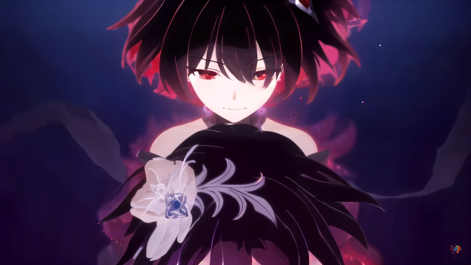 Anime character with black hair and black shirt, red eyes., Intricate, elegant cgi anime style., blood will flow, black hair mage, Inspired by Okumura Masanobu, ethereal anime, separated from the overlord,