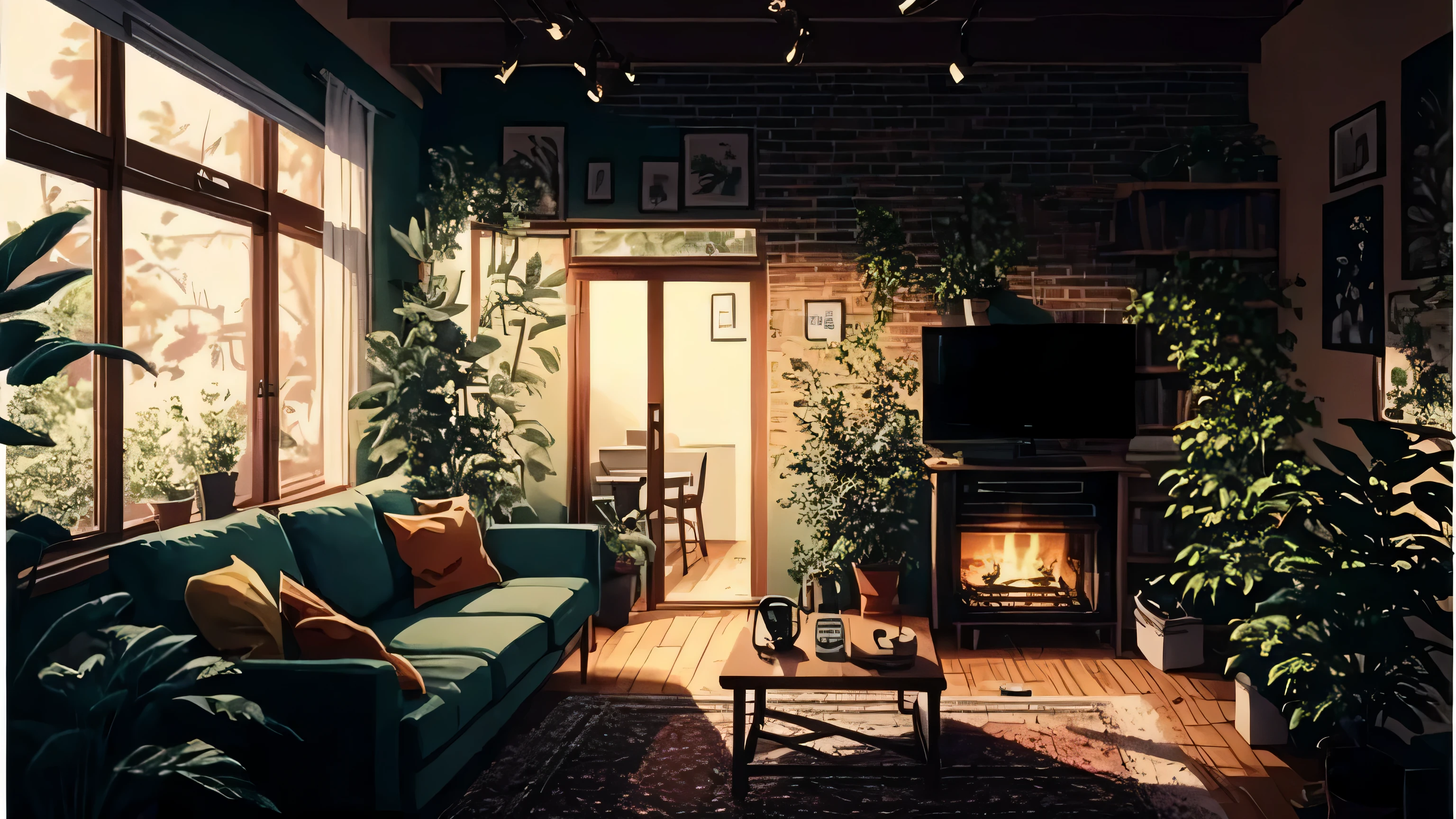 There is a picture of a living room with a sofa and a TV, cozy environment, Living room atmosphere, relaxing concept art, cozy place, warm living room, cozy living room background, relaxing environment, cozy room, 8K high quality detailed art, Lofiatostyle, In a cozy apartment, Lofiato, lo-fi illustration style, cozy home background, Cafe