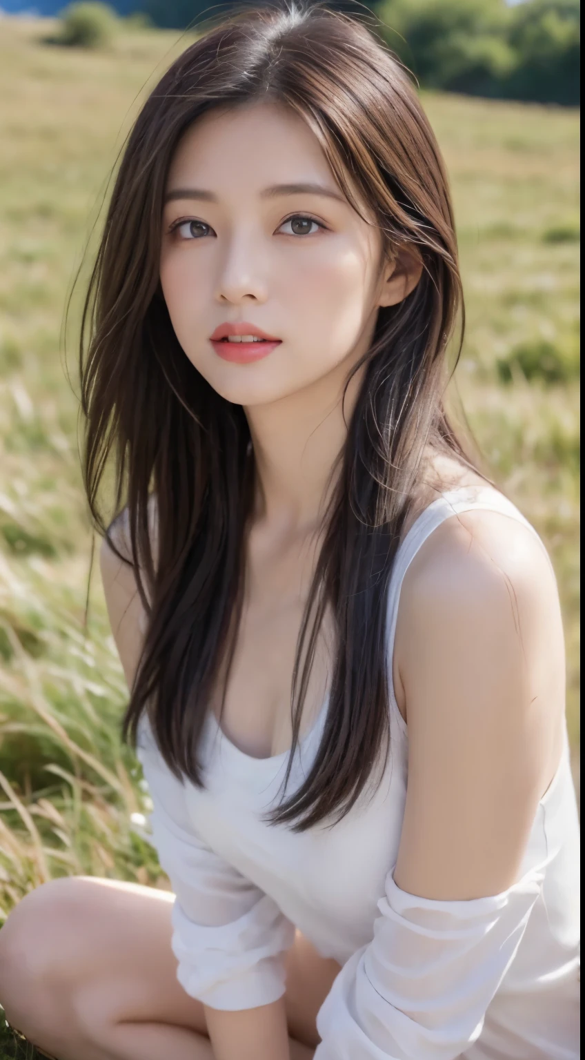 ((best quality, 8K, masterpiece:1.3)), a beautiful girl, pure, oval face, Gentle and cute, lose weight, (frontal lobe), (tilted head), looking directly at camera, [Separate sleeves::0], [collared shirt::0], [cropped pants::0], Black silky long straight hair, Long hair flowing past shoulders, Big, round, black eyes, clear big eyes, moist red lips, sweet smile, sitting, hands on knees, Blue sky and white clouds, Sunlight, grassland, mountain peak, northern view of Tibetan grassland