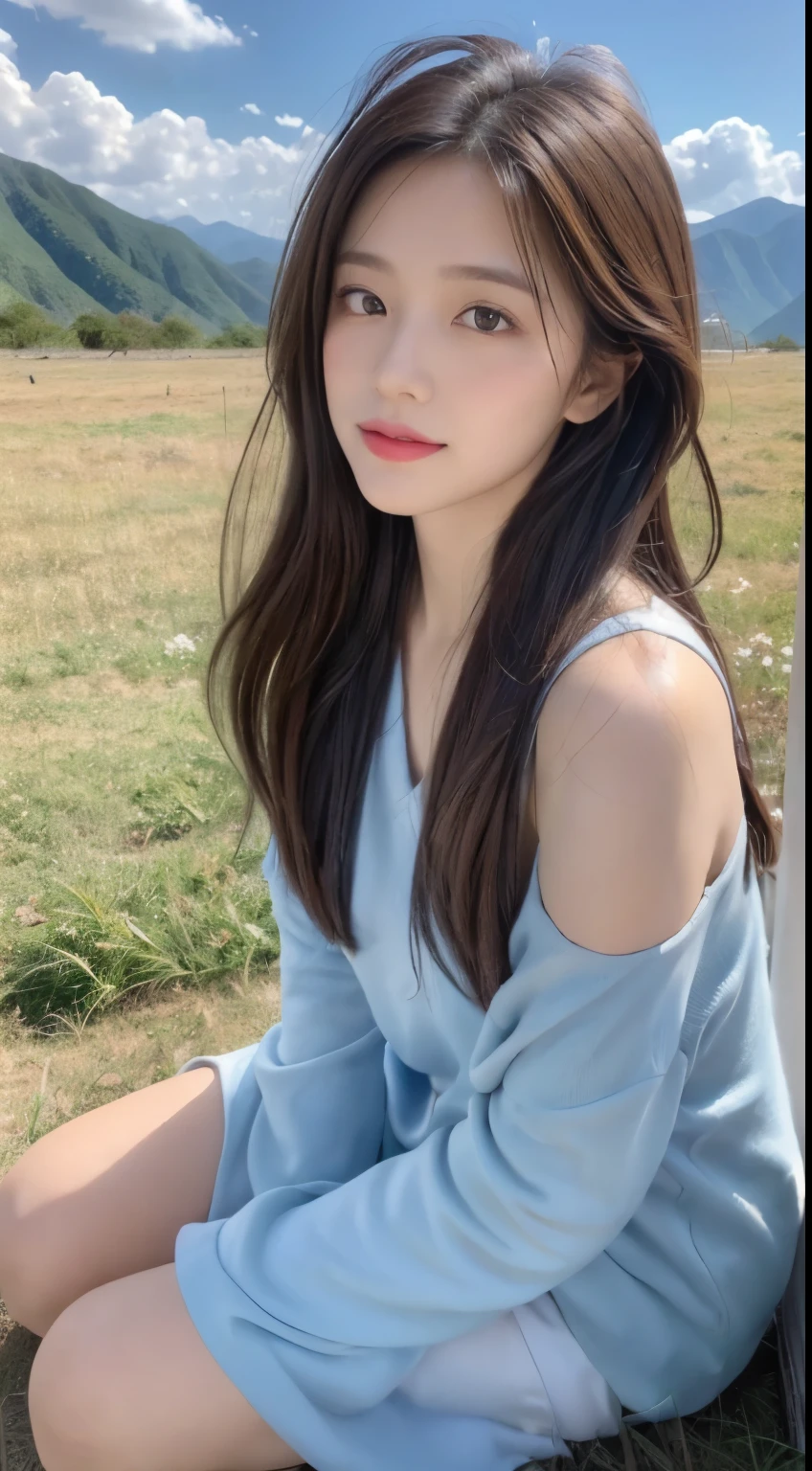 ((best quality, 8K, masterpiece:1.3)), a beautiful girl, pure, oval face, Gentle and cute, lose weight, (frontal lobe), (tilted head), looking directly at camera, [Separate sleeves::0], [collared shirt::0], [cropped pants::0], Black silky long straight hair, Long hair flowing past shoulders, Big, round, black eyes, clear big eyes, moist red lips, sweet smile, sitting, hands on knees, Blue sky and white clouds, Sunlight, grassland, mountain peak, northern view of Tibetan grassland