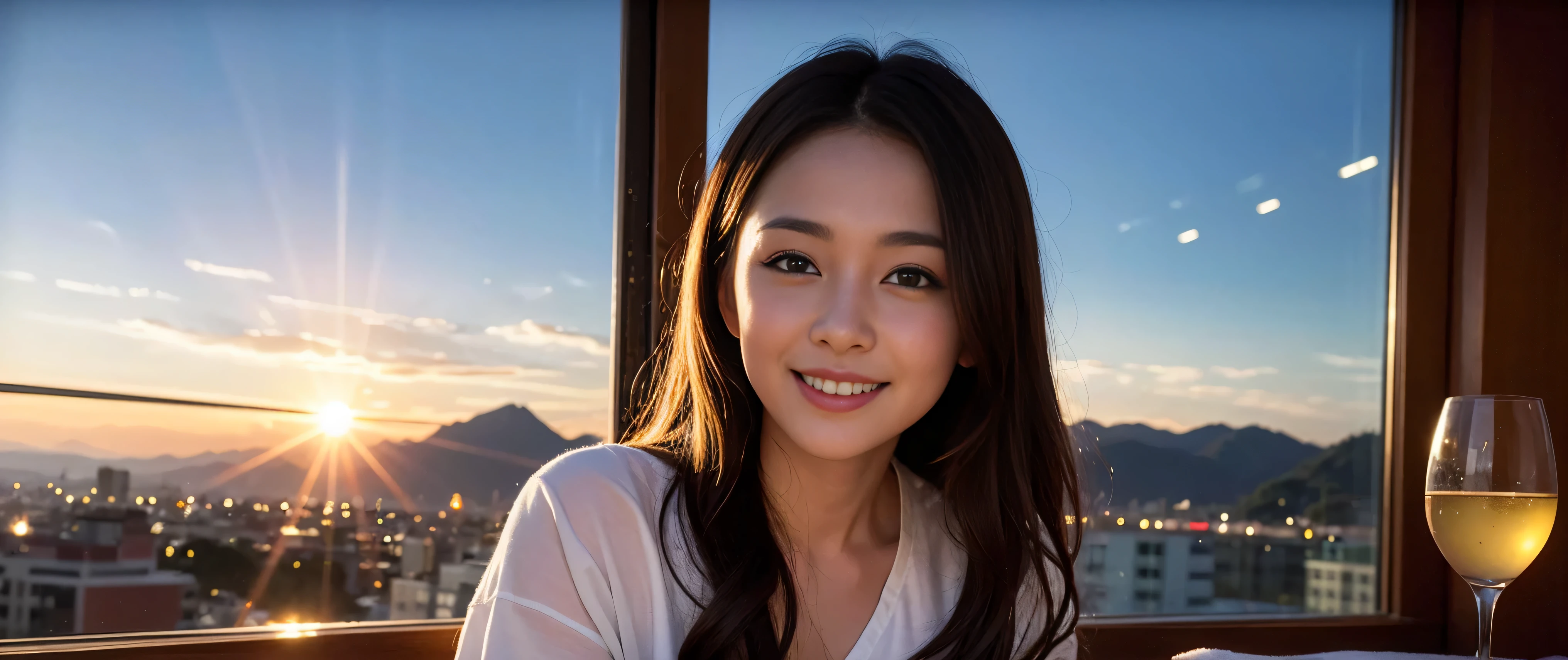 64k, Hmm, highest quality, masterpiece: 1.2), (realistic, photorealistic: 1.37), Spectacular view of the sunset sky and clouds、Amazing mountain views、slimな美女3名, (slimフェイス),Happy、 最高なsmile、Fox face、Berry Short、(because I'thin), (brown hair), (shortcut), long sleeve shirt、winter fashion、Colombian、Brazilian、Japanese、Dutch、German、Portuguese、Belgian、Italian、French,Champagne、sparkling wine、 (Squirting), (slimボティ), (brown hair), (shortcut), neat beauty、cheeks turn a little red, (35 years old), 38 years old, alone, A beautiful and detailed night view spreads out outside the window......., restaurant, wine glassが座っている, At night, in a prominent place (from the Upper body) nova frog style, actress, model, Upper body, White wine, slim, wine glass, Very beautiful night view, wine glass Put in the Middle, Happy smile, (smile: 1.15),