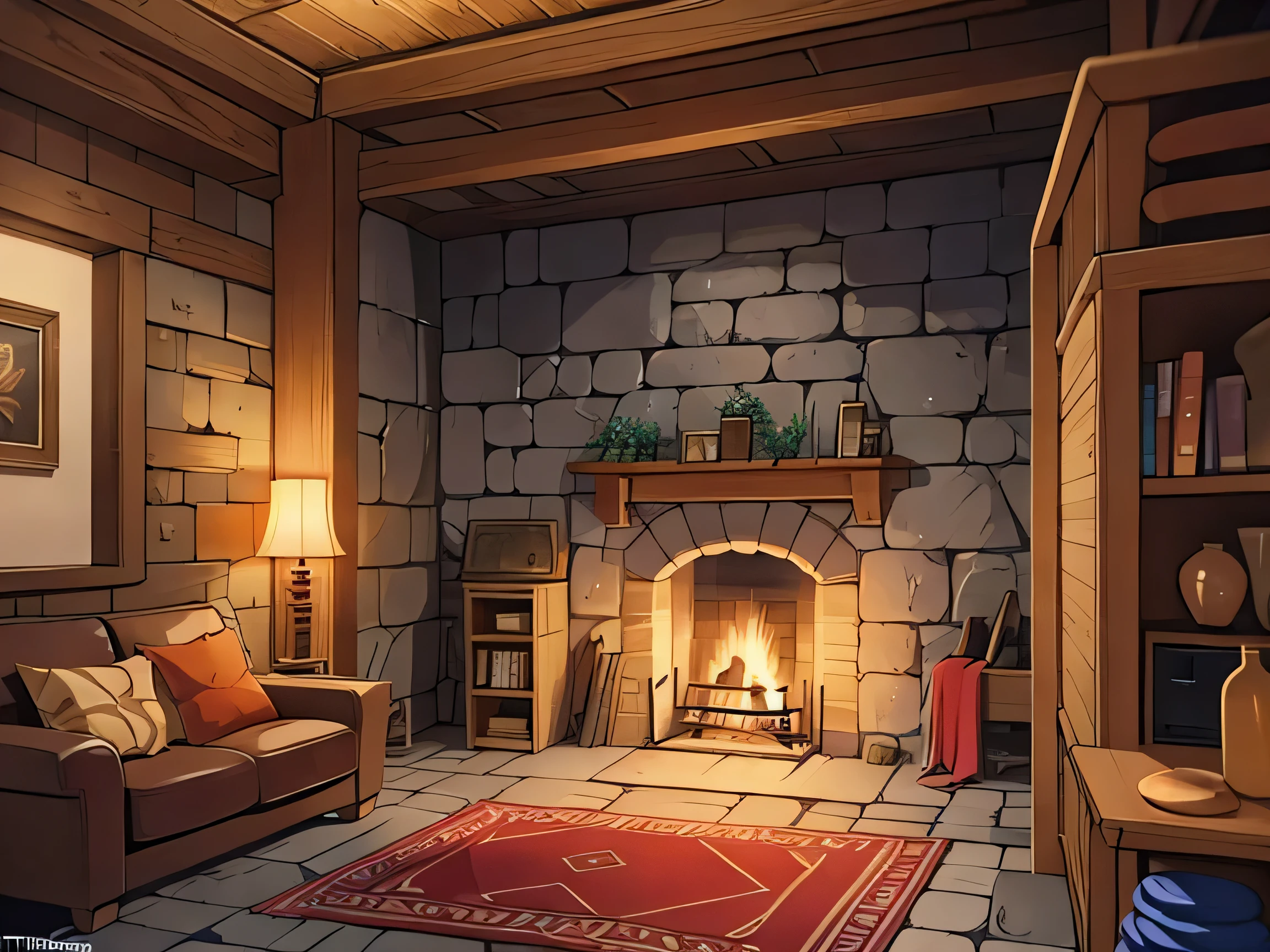 A dungeon with a fireplace and nice furniture, stone walls, stone floor, with a nice rug, NO windows