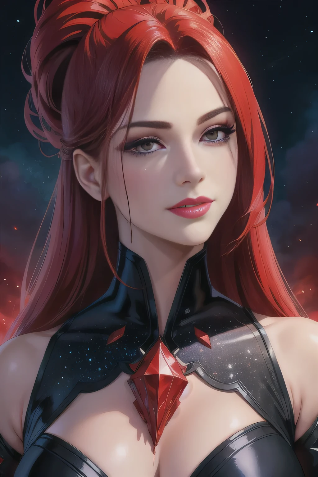 portrait shot, ((blood vivid red hair)), mature woman, 30 years old, diamond face, moonlight, red starry sky background, depth of field, magic, big red lips, ((dark black eyes)) black and red long and full attire, covered chest, mystical atmosphere, ominous shadows, Intense blue aura, Intense red aura (best quality:1.2), absurdres, intricate details, (highly detailed skin:1.2), smile expression, posing, taut and well defined body, attractive. Highly realistic, pale skin, beautiful, hyperrealism, skin very elaborated, direct gaze