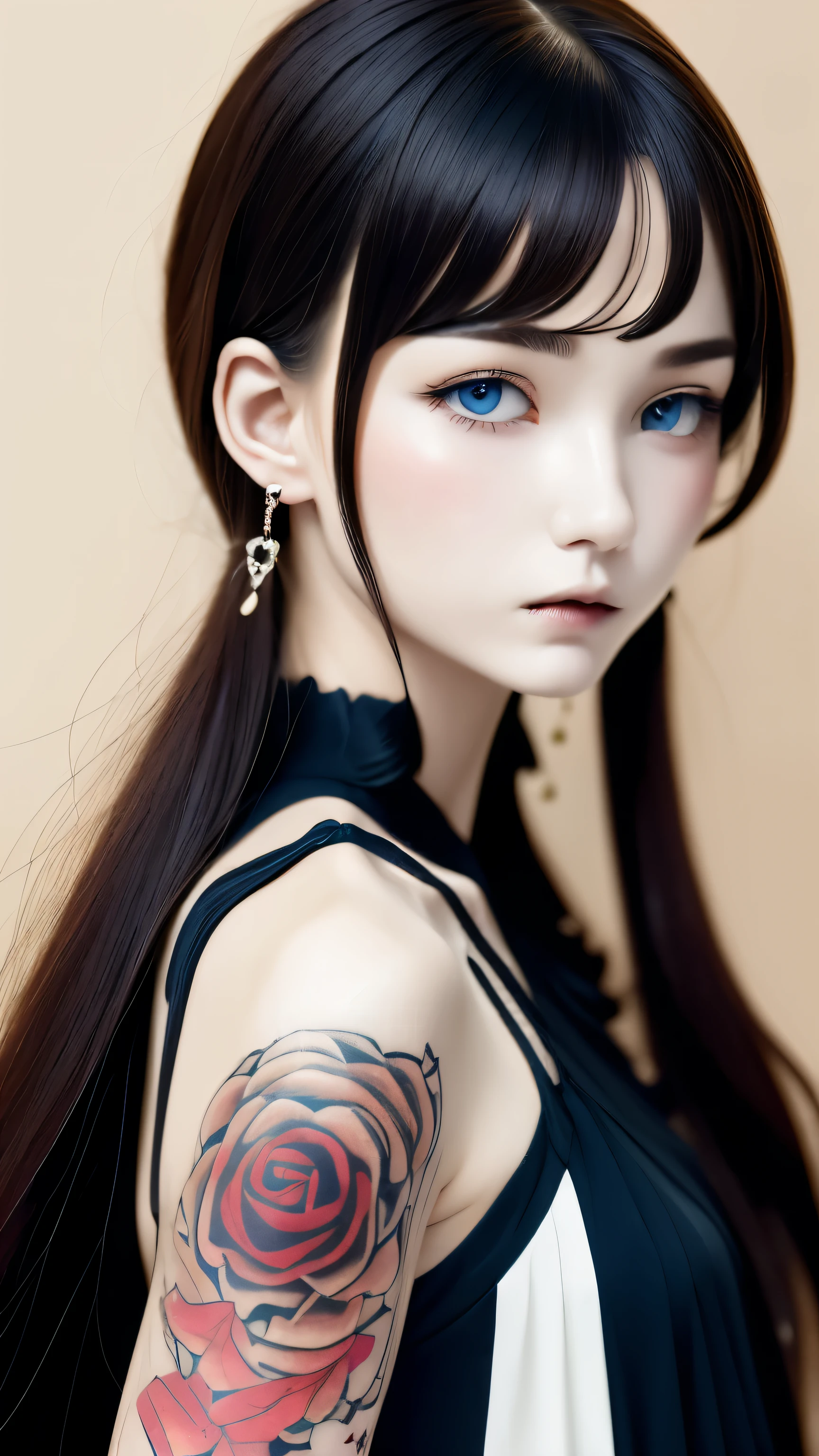 hair ornaments、earrings、(Tattoo of a red rose:1.0)、gothic punk, girl, alone,、highest quality, realistic, Super delicate illustration, Beautiful and charming girl, slender body, wolf cut hair, one girl, girl pictures, full body shot, beautiful blue eyes, looked back,ear nipple rings、hair ornaments、gem、innocent face、