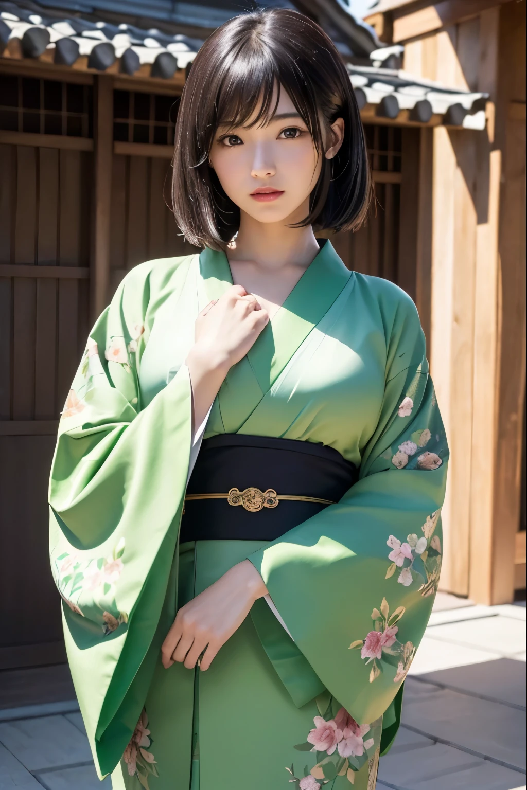 Tifa Lockhart, (green kimono:1.2)、(komono:1.2)、(with floral pattern)、(left hand's up) (left hand bringing Japanese katana), (long-sleeve)、1 girl、full bodyesbian、(short-haired)、(reallistic:1.7)、((Top image quality))、absurderes、(超A high resolution)、(Photorealsitic:1.6)、Photorealsitic、octane renderings、(hyper realisitic:1.2)、(photorealiscic face:1.2)、(8k)、(4k)、(masterpiece)、(realistic skin textures)、(illustratio、Cinematographic lighting、wall-paper)、(beautiful eyes:1.2)、((((face perfect))))、(cute little)、(is standing)、red-lips、outside of house、(Japanese Style Country)、Detailed cute face、Realistic pretty woman