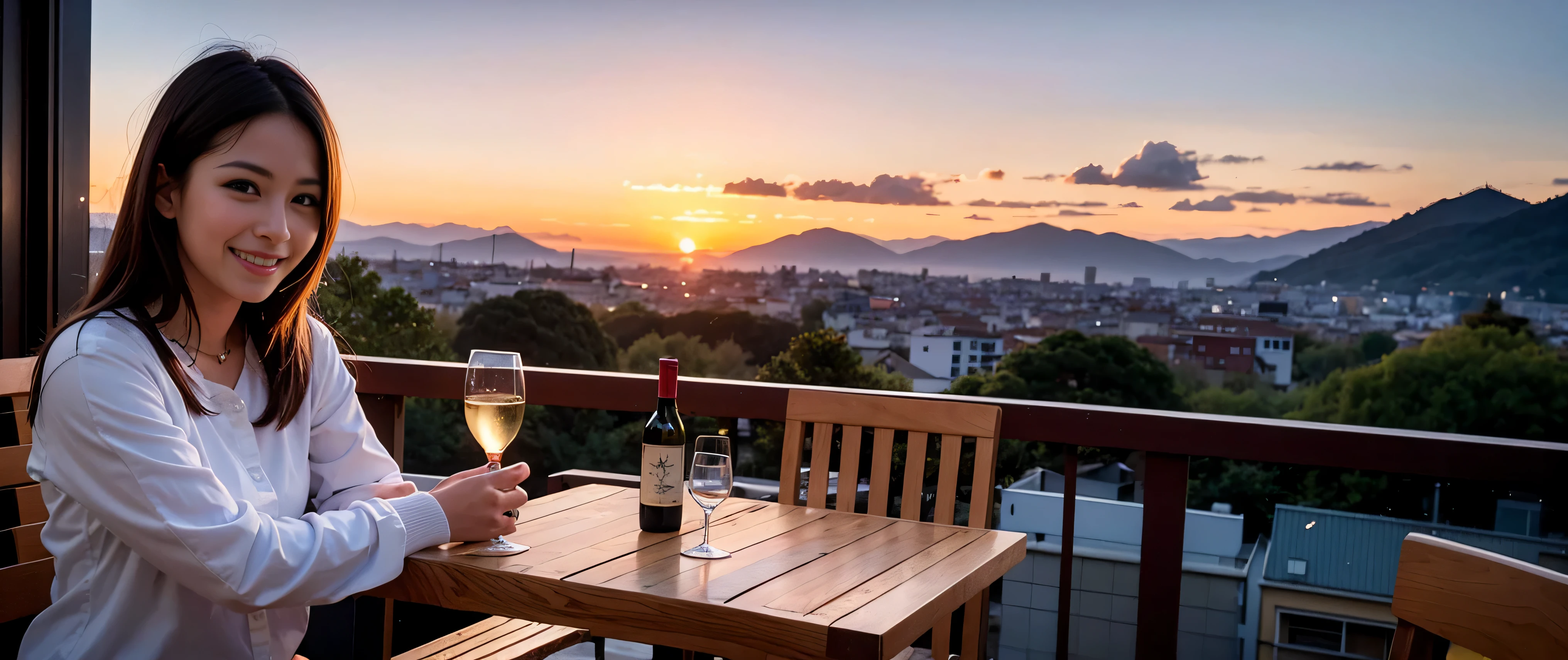 64k, Hmm, highest quality, masterpiece: 1.2), (realistic, photorealistic: 1.37), Spectacular view of the sunset sky and clouds、Amazing mountain views、slimな美女3名, (slimフェイス),Happy、 最高なsmile、Fox face、Berry Short、(because I'thin), (brown hair), (shortcut), long sleeve shirt、winter fashion、Colombian、Brazilian、Japanese、Dutch、German、Portuguese、Belgian、Italian、French,Champagne、sparkling wine、 (Squirting), (slimボティ), (brown hair), (shortcut), neat beauty、cheeks turn a little red, (35 years old), 38 years old, alone, A beautiful and detailed night view spreads out outside the window......., restaurant, wine glassが座っている, At night, in a prominent place (from the Upper body) nova frog style, actress, model, Upper body, White wine, slim, wine glass, Very beautiful night view, wine glass Put in the Middle, Happy smile, (smile: 1.15),