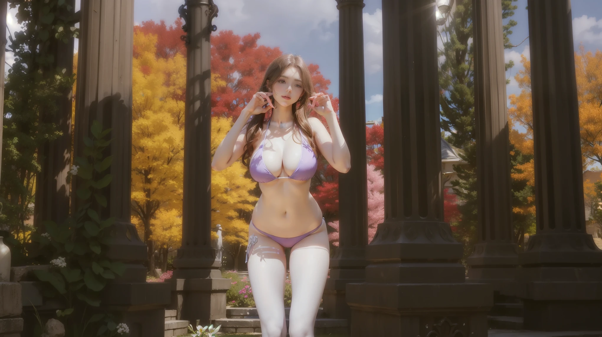 there is a woman in a bikini posing in front of a gazebo, A sexy maid in a magical forest, Belle capture d'screen, corps parfait photoréaliste, tenue fantastique, le personnage est dans sa pose naturelle, realistic shaded perfect body, warm and sunny, Very detailed, highly detailed Tout le corps, Tout le corps:: sunny weather::, <MMORPGS scene, pose de lancement de sorts