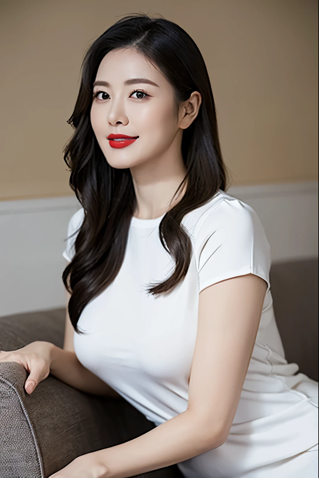 Draw lips correctly, red lipstick, from chest up, best quality, Super detailed, lifelike, Super fine skin, perfect anatomy, (1 日本Mature的女人), (alone),Wearing a gray round neck dress,short sleeve,wavy long hair,40 year old female,Mature,charming smile,indoor background:sofa,stand,Slightly fat(1.2),Big breasts(1.2),full-body shot。