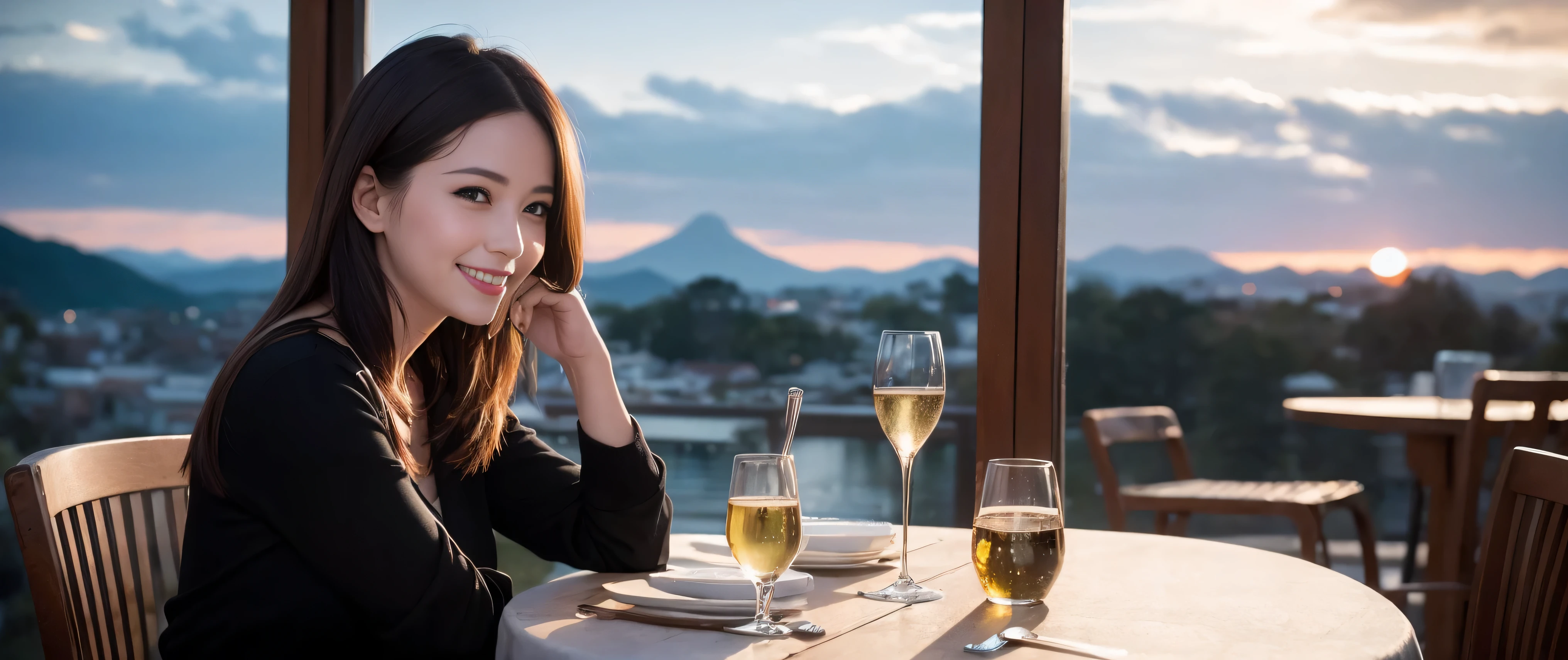 64k, Hmm, highest quality, masterpiece: 1.2), (realistic, photorealistic: 1.37), Spectacular view of the sunset sky and clouds、Amazing mountain views、slimな美女3名, (slimフェイス),Happy、 最高なsmile、Fox face、Berry Short、(because I&#39;thin), (brown hair), (shortcut), long sleeve shirt、winter fashion、Colombian、Brazilian、Japanese、Dutch、German、Portuguese、Belgian、Italian、French,Champagne、sparkling wine、 (Squirting), (slimボティ), (brown hair), (shortcut), neat beauty、cheeks turn a little red, (35 years old), 38 years old, alone, A beautiful and detailed night view spreads out outside the window......, restaurant, wine glassが座っている, At night, in a prominent place (from the Upper body) nova frog style, actress, model, Upper body, White wine, slim, wine glass, Very beautiful night view, wine glass Put in the Middle, Happy smile, (smile: 1.15), 