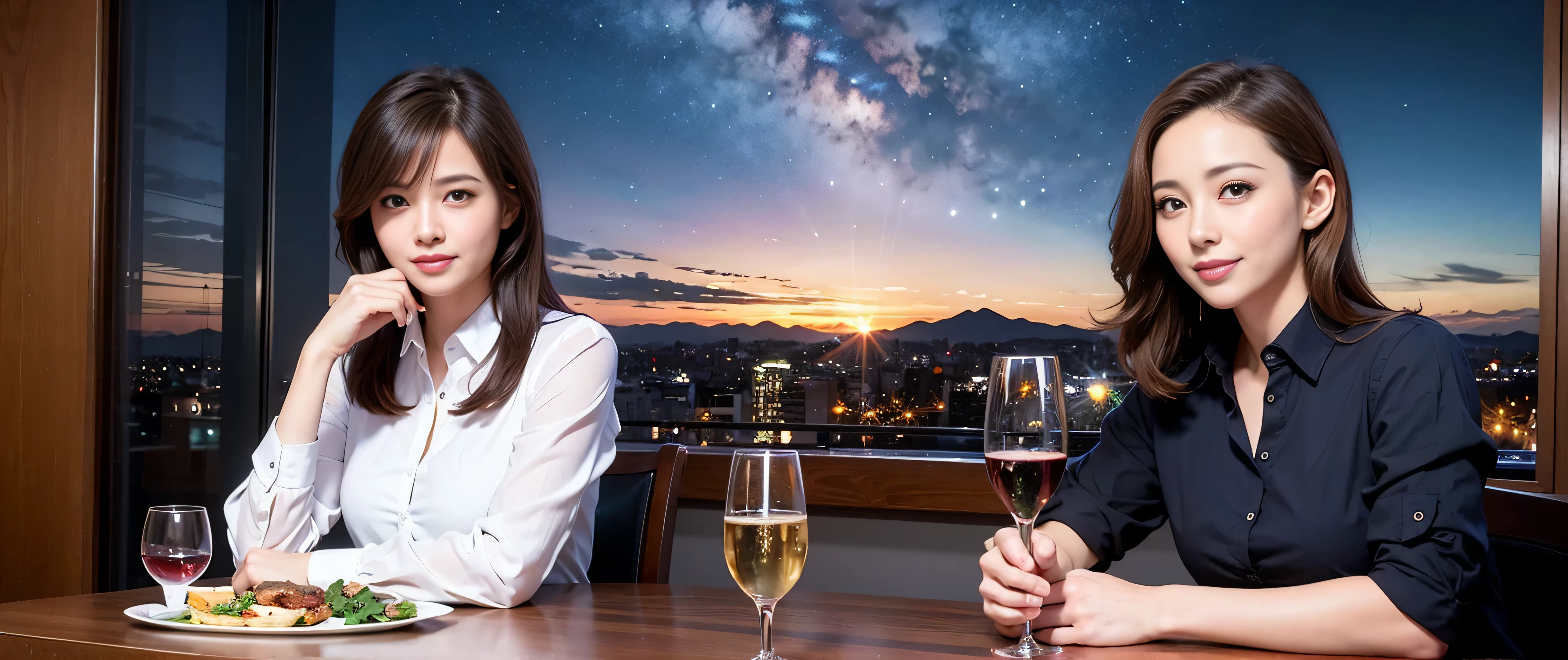 64k, Hmm, highest quality, masterpiece: 1.2), (realistic, photorealistic: 1.37), Spectacular view of the sunset sky and clouds、Amazing mountain views、slimな美女3名, (slimフェイス),Happy、 最高なsmile、Fox face、Berry Short、(because I'thin), (brown hair), (shortcut), long sleeve shirt、winter fashion、Colombian、Brazilian、Japanese、Dutch、German、Portuguese、Belgian、Italian、French,Champagne、sparkling wine、 (Squirting), (slimボティ), (brown hair), (shortcut), neat beauty、cheeks turn a little red, (35 years old), 38 years old, alone, A beautiful and detailed night view spreads out outside the window......, restaurant, wine glassが座っている, At night, in a prominent place (from the Upper body) nova frog style, actress, model, Upper body, White wine, slim, wine glass, Very beautiful night view, wine glass Put in the Middle, Happy smile, (smile: 1.15),