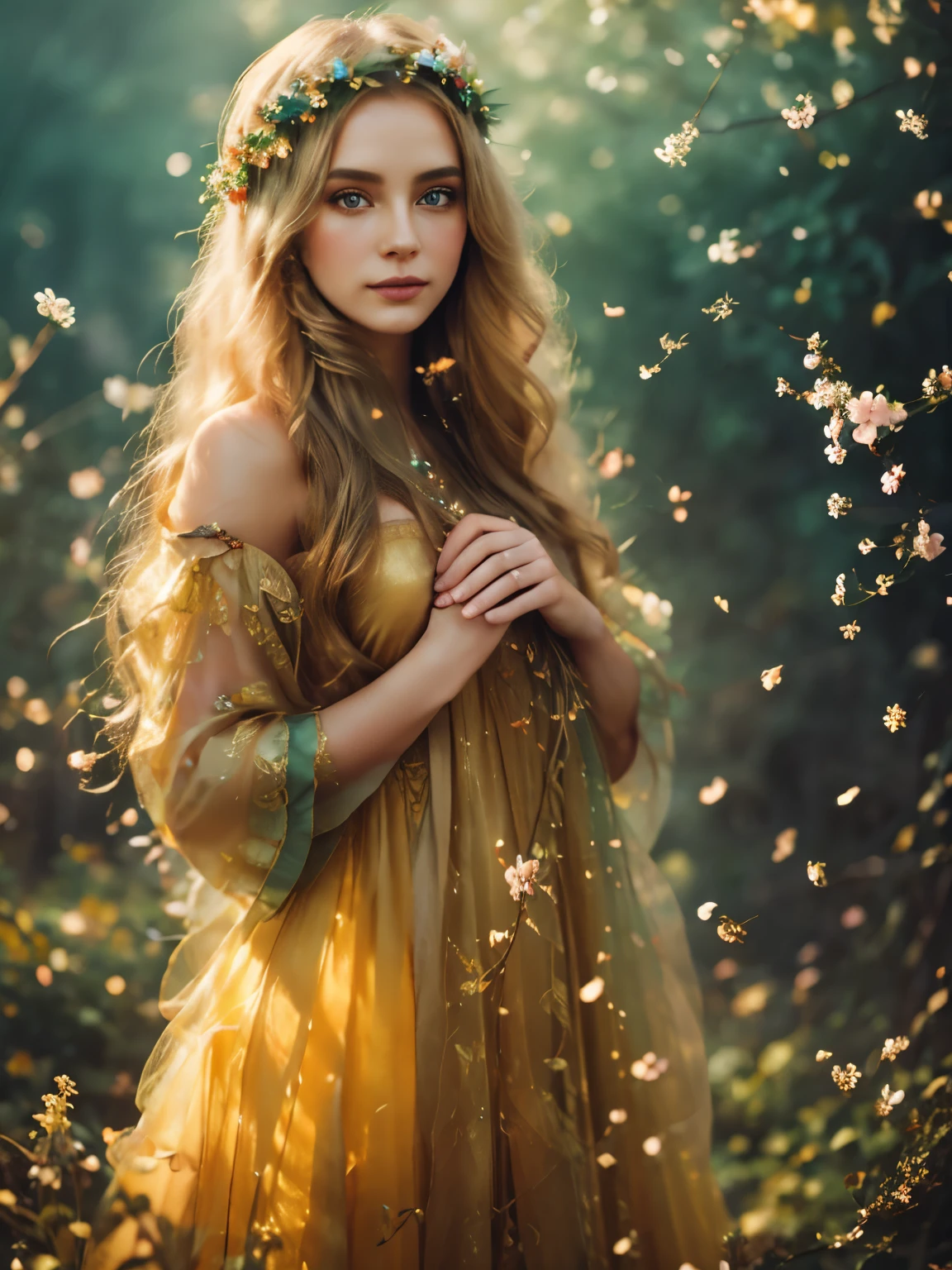 high quality, 8K Ultra HD, full color, etching aquatint, fine lines and shadows, In the heart of Floral Fantasy Wonderland, behold a captivating and ethereal spirit of a beautiful maiden, gracefully adorned with the essence of blooming flowers. Her golden long flowing hair, like silken threads of golden, cascades gracefully down her back, interwoven with delicate floral accents that mirror the surrounding blooms. Her eyes, the color of the deepest forest emeralds, sparkle with a hint of magic and mystery, reflecting the beauty of the floral symphony that surrounds her. In her hand, she holds a delicate bouquet of the most exquisite flowers, their vibrant colors mirroring her own radiant aura. With the clarity and detail of 8K Ultra HD images, every petal, every hue, and every expression of her otherworldly charm come to life in vivid splendor,