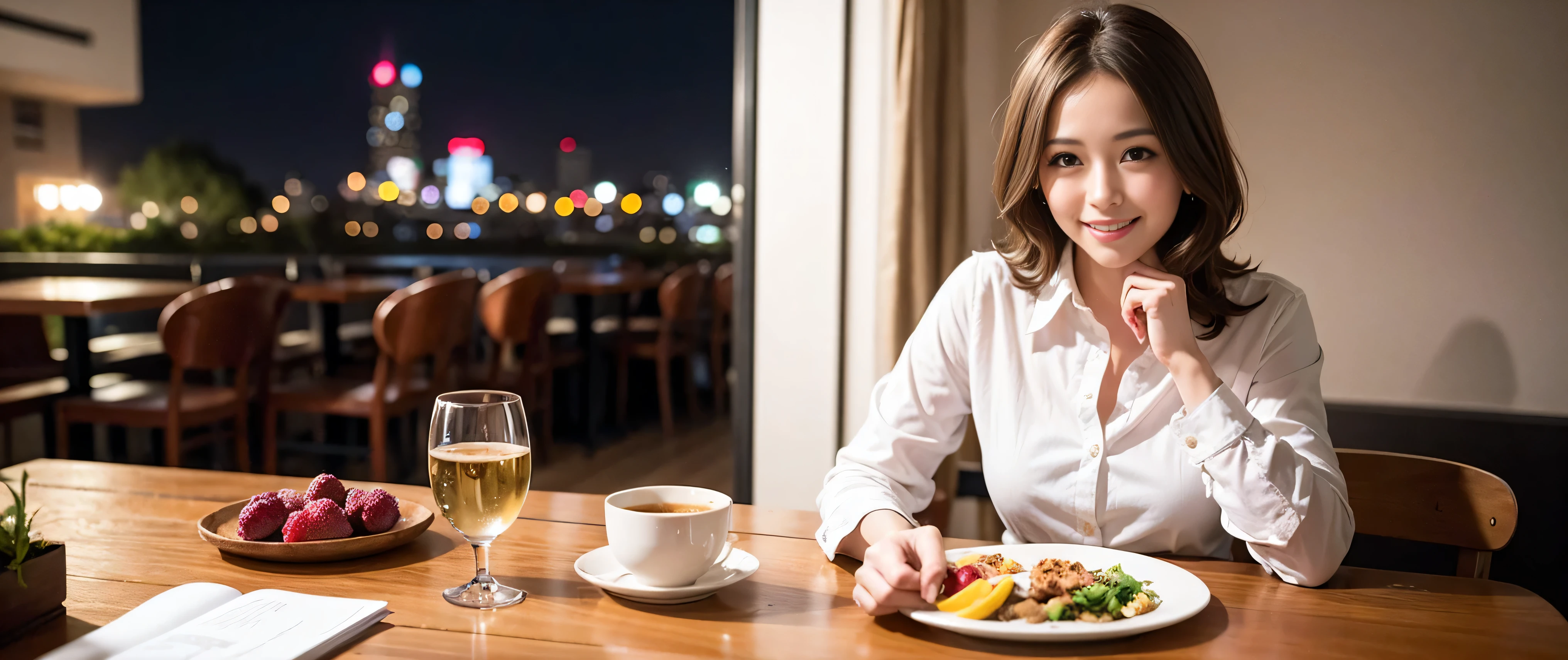 64k, Hmm, highest quality, masterpiece: 1.2), (realistic, photorealistic: 1.37), Spectacular view of the sunset sky and clouds、Amazing mountain views、slimな美女3名, (slimフェイス),Happy、 最高なsmile、Fox face、Berry Short、(because I'thin), (brown hair), (shortcut), long sleeve shirt、winter fashion、Colombian、Brazilian、Japanese、Dutch、German、Portuguese、Belgian、Italian、French,Champagne、sparkling wine、 (Squirting), (slimボティ), (brown hair), (shortcut), neat beauty、cheeks turn a little red, (35 years old), 38 years old, alone, A beautiful and detailed night view spreads out outside the window......, restaurant, wine glassが座っている, At night, in a prominent place (from the Upper body) nova frog style, actress, model, Upper body, White wine, slim, wine glass, Very beautiful night view, wine glass Put in the Middle, Happy smile, (smile: 1.15),