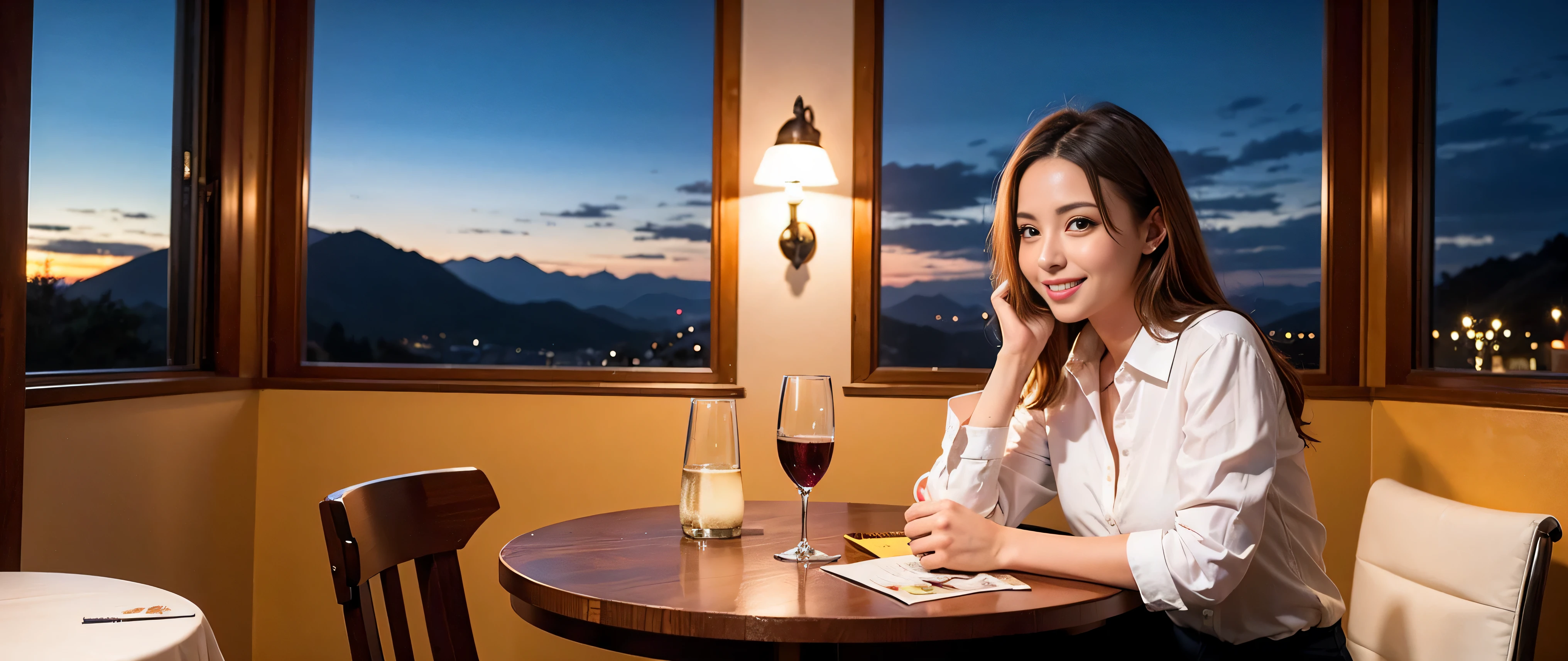 64k, Hmm, highest quality, masterpiece: 1.2), (realistic, photorealistic: 1.37), Spectacular view of the sunset sky and clouds、Amazing mountain views、3 slim beauties, (slim face),Happy、 the best smile、Fox face、Berry Short、(because I'thin), (brown hair), (shortcut), long sleeve shirt、winter fashion、Colombian、Brazilian、Japanese、Dutch、German、Portuguese、Belgian、Italian、French,Champagne、sparkling wine、 (Squirting), (slim body), (brown hair), (shortcut), neat beauty、cheeks turn a little red, (35 years old), 38 years old, alone, A beautiful and detailed night view spreads out outside the window......, restaurant, wine glass is sitting, At night, in a prominent place (from the Upper body) nova frog style, actress, model, Upper body, White wine, slim, wine glass, Very beautiful night view, wine glass Put in the Middle, Happy smile, (smile: 1.15),