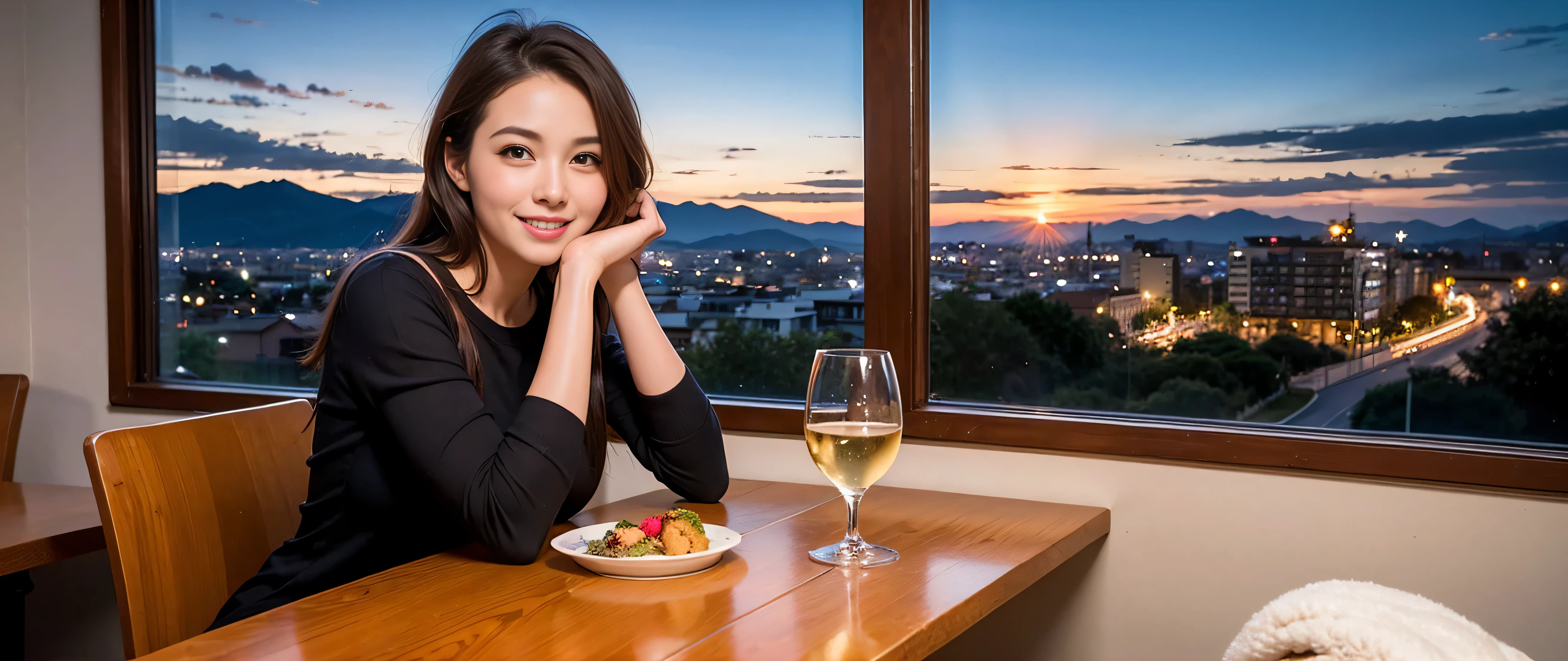 64k, Hmm, highest quality, masterpiece: 1.2), (realistic, photorealistic: 1.37), Spectacular view of the sunset sky and clouds、Amazing mountain views、3 slim beauties, (slim face),Happy、 the best smile、Fox face、Berry Short、(because I'thin), (brown hair), (shortcut), long sleeve shirt、winter fashion、Colombian、Brazilian、Japanese、Dutch、German、Portuguese、Belgian、Italian、French,Champagne、sparkling wine、 (Squirting), (slim body), (brown hair), (shortcut), neat beauty、cheeks turn a little red, (35 years old), 38 years old, alone, A beautiful and detailed night view spreads out outside the window......, restaurant, wine glass is sitting, At night, in a prominent place (from the Upper body) nova frog style, actress, model, Upper body, White wine, slim, wine glass, Very beautiful night view, wine glass Put in the Middle, Happy smile, (smile: 1.15),