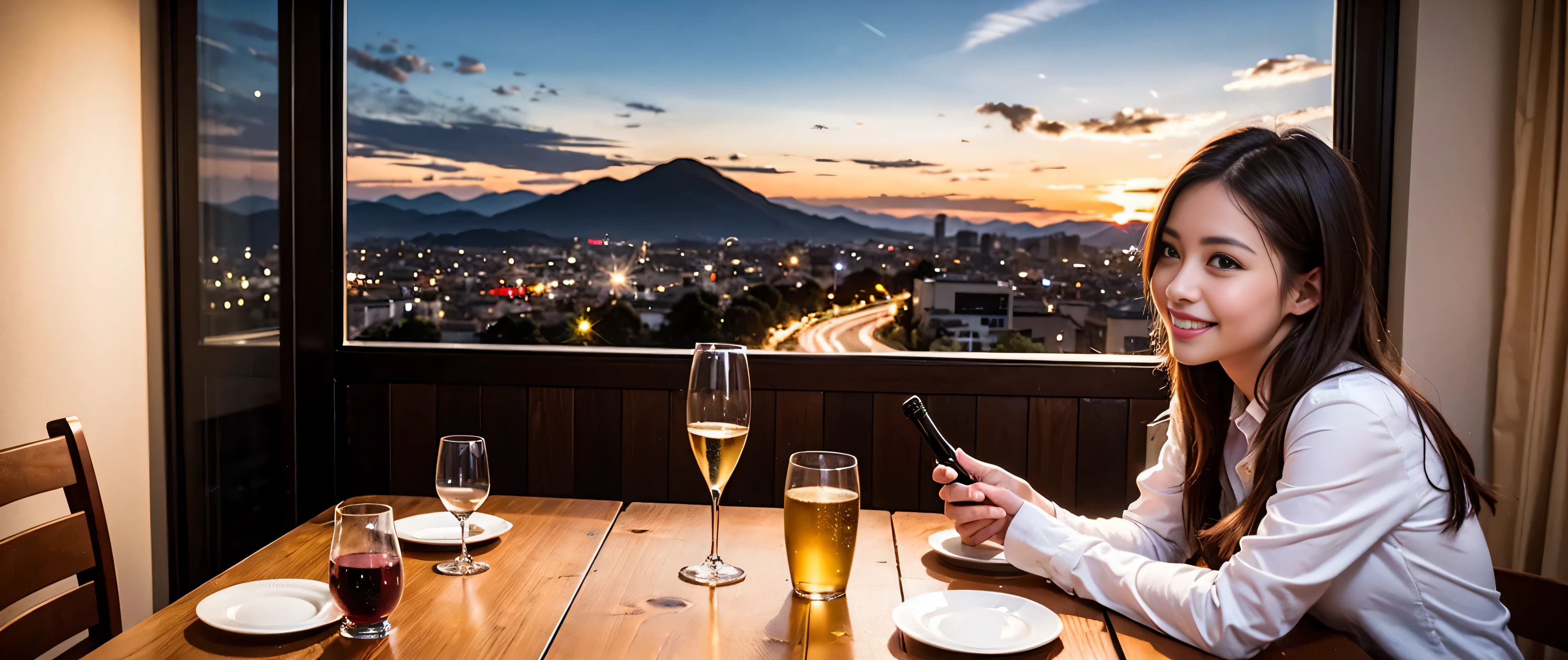 64k, Hmm, highest quality, masterpiece: 1.2), (realistic, photorealistic: 1.37), Spectacular view of the sunset sky and clouds、Amazing mountain views、3 slim beauties, (slim face),Happy、 the best smile、Fox face、Berry Short、(because I'thin), (brown hair), (shortcut), long sleeve shirt、winter fashion、Colombian、Brazilian、Japanese、Dutch、German、Portuguese、Belgian、Italian、French,Champagne、sparkling wine、 (Squirting), (slim body), (brown hair), (shortcut), neat beauty、cheeks turn a little red, (35 years old), 38 years old, alone, A beautiful and detailed night view spreads out outside the window......, restaurant, wine glass is sitting, At night, in a prominent place (from the Upper body) nova frog style, actress, model, Upper body, White wine, slim, wine glass, Very beautiful night view, wine glass Put in the Middle, Happy smile, (smile: 1.15),