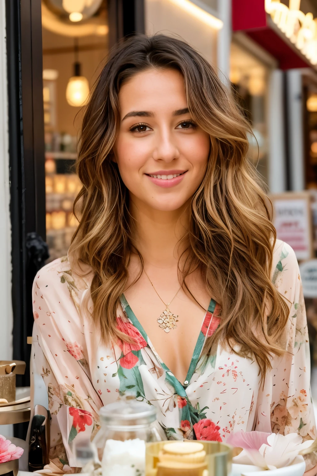 arafed woman in a floral shirt standing in front of a bath stuff shop with shop sign '' THXBAZAAR'' , julia sarda, gorgeous lady, beautiful lady, pokimane, cute woman, beautifully lit, beautifully, gorgeous woman, full face, beautiful stella maeve magician, soft glow, stunning beauty, sydney hanson, gorgeous stella maeve magician