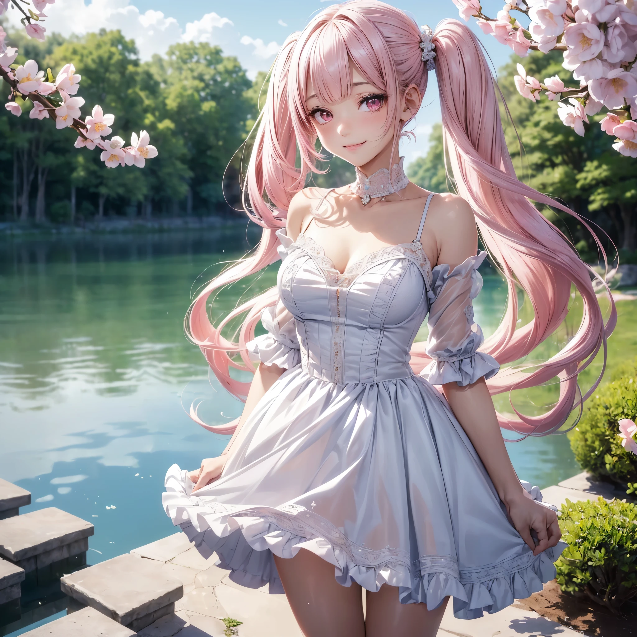 (8K, masutepiece, Highest Quality, Best Quality, Official art, Breathtaking beauty and aesthetics, A highly detailed, The best masterpiece in history that exceeds limits, Breathtaking and beautiful lighting:1.2), (1 Absolute Beautiful Girl, Solo:1.3), sixteen years old, (shiny white skin), (pink twin tail hair, Bangs:1.5), (adolable big pink eyes, drooing eyes:1.5), (Breathtaking Beautiful baiana dress, ruffled dress, lace trim, Cutwork, frilled neckline, flared skirt, blue and white dress, layered dress, puffed_sleeves), (bust:1.2), (happy smile, Beautiful smile, Gentle smile, cute smile, innocent smile like an angel:1.2), (Attractive, amazing, Beautiful, Elegant, Luxurious, magnifica, Eye-catching, the ultimate beauty, Supreme Beauty, Superlative beauty, Elegant, Beauty, Graceful, Everyone loves it, Beauty that fascinates everyone, Healed, The highest level of complete beauty, cute like an idol, Stylish like a fashion model, Goddess-like grace, Be loved, cute little, adolable, Look at the camera, cute little pose, Happy), breathtaking scenery, (standing, Breathtakingly beautiful Luxurious spring garden, blue sky:1.5),