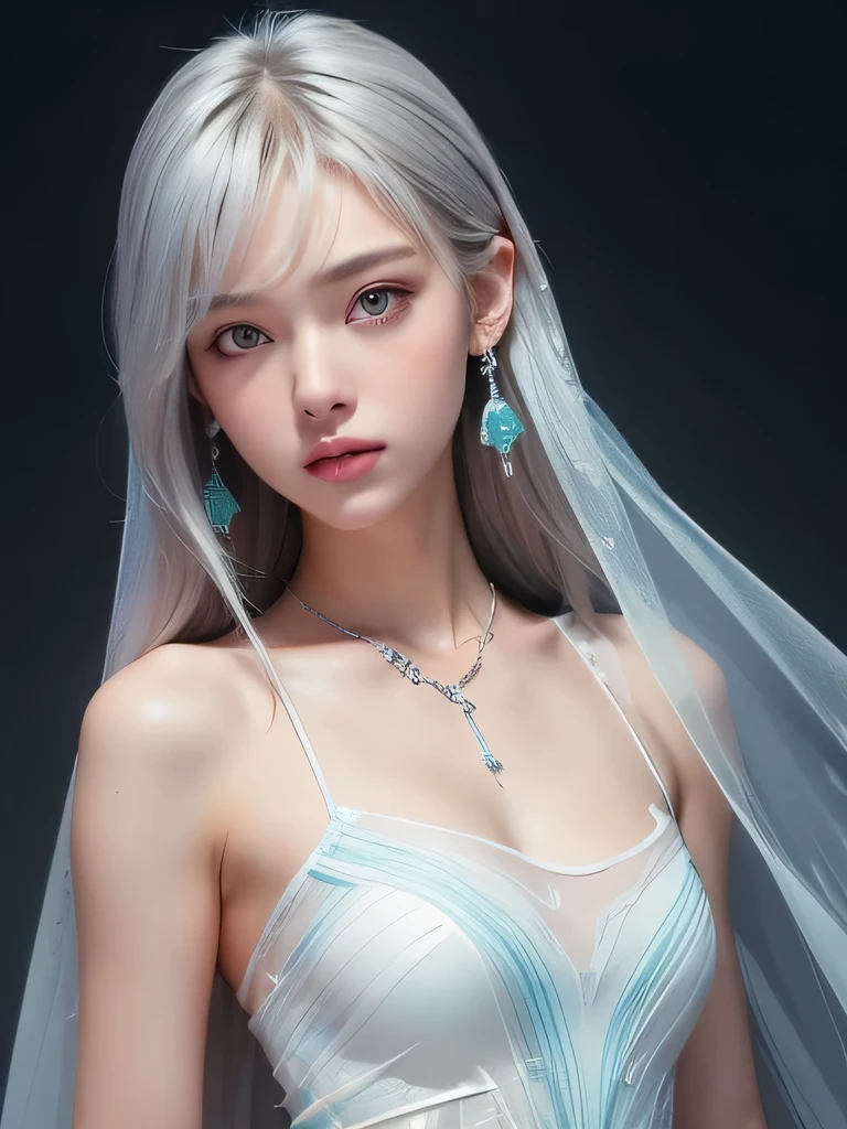 (masterpiece, highest quality:1.2), 8K, 85mm, Raw photo, confused, white and cyan theme, (liquid clothes, liquid dress:1.4), gray hair, gradient dress, delicate girl, Upper body, close your face, shiny skin, teen, looking at the viewer, HDR, sharp focus, particle, dusk sky, shiny skin, small eyes and face, colorful background, simple background、earrings、necklace、clavicle、straight long、straight perm、silver hair、
