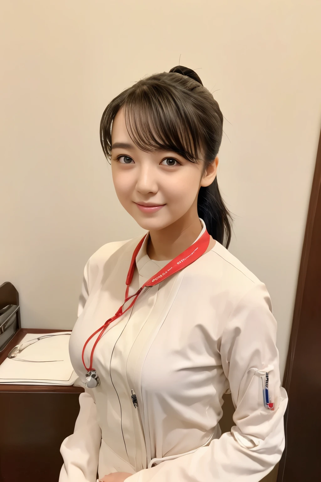 ((live-action)), (1 girl), masterpiece, highest quality, ultra-realistic capture, very detailed, high resolution 16k, pretty girl, Natural white skin, ((large breasts with natural sagging:0.6, Height is 145cm, (round face:1.2), black hair, ponytail, dark brown eyes, thin lips, thin eyebrows)), A nurse tries to save patients at a field hospital., (((whole body))), (Examination room, curtain,sunset), Warm smile, (perfect anatomy, perfect body, perfect hands, perfect fingers)