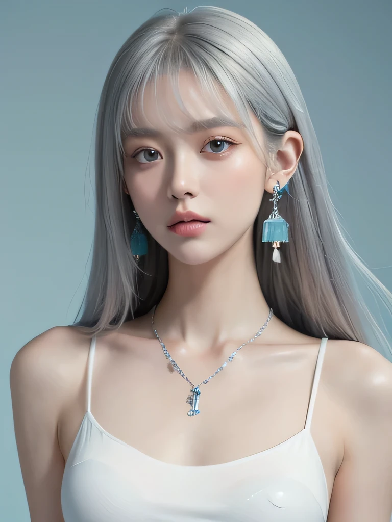 (masterpiece, highest quality:1.2), 8K, 85mm, Raw photo, confused, white and cyan theme, (liquid clothes, liquid dress:1.4), gray hair, gradient dress, delicate girl, Upper body, close your face, shiny skin, , looking at the viewer, HDR, sharp focus, particle, dusk sky, shiny skin, small eyes and face, colorful background, simple background、earrings、necklace、clavicle、straight long、straight perm、silver hair、