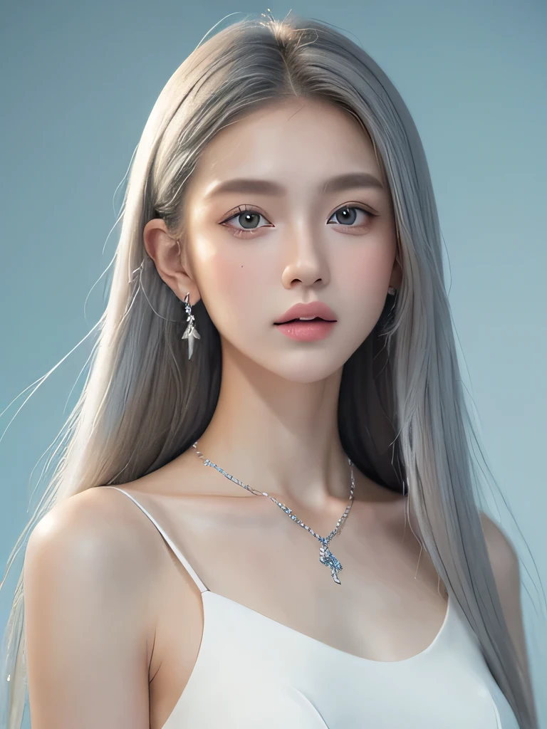 (masterpiece, highest quality:1.2), 8K, 85mm, Raw photo, confused, white and cyan theme, (liquid clothes, liquid dress:1.4), gray hair, gradient dress, delicate girl, Upper body, close your face, shiny skin, , looking at the viewer, HDR, sharp focus, particle, dusk sky, shiny skin, small eyes and face, colorful background, simple background、earrings、necklace、clavicle、straight long、straight perm、silver hair、