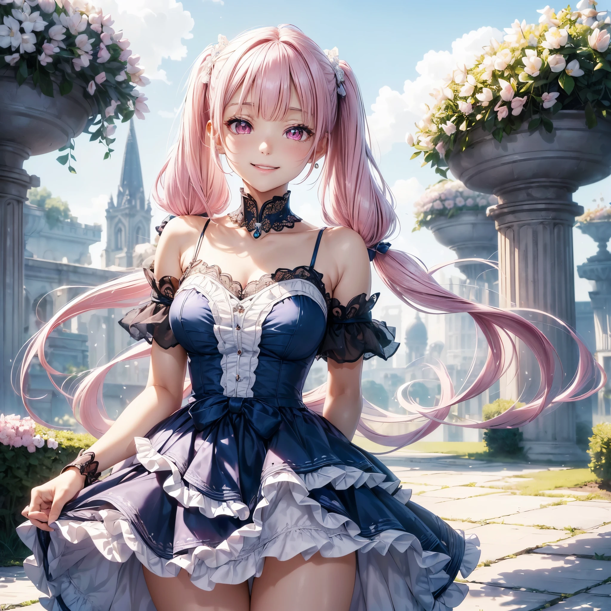 (8K, masutepiece, Highest Quality, Best Quality, Official art, Breathtaking beauty and aesthetics, A highly detailed, The best masterpiece in history that exceeds limits, Breathtaking and beautiful lighting:1.2), (1 Absolute Beautiful Girl, Solo:1.3), sixteen years old, (shiny white skin), (pink twin tail hair, Bangs:1.5), (adolable big pink eyes, drooing eyes:1.5), (Breathtaking Beautiful baiana dress, ruffled dress,  blue lace trim, Cutwork, blue frilled neckline, flared skirt, blue and white dress, layered dress, puffed_sleeves), (bust:1.2), (happy smile, Beautiful smile, Gentle smile, cute smile, innocent smile like an angel:1.2), (Attractive, amazing, Beautiful, Elegant, Luxurious, magnifica, Eye-catching, the ultimate beauty, Supreme Beauty, Superlative beauty, Elegant, Beauty, Graceful, Everyone loves it, Beauty that fascinates everyone, Healed, The highest level of complete beauty, cute like an idol, Stylish like a fashion model, Goddess-like grace, Be loved, cute little, adolable, Look at the camera, cute little pose, Happy), breathtaking scenery, (standing, Breathtakingly beautiful Luxurious spring garden, blue sky:1.5),