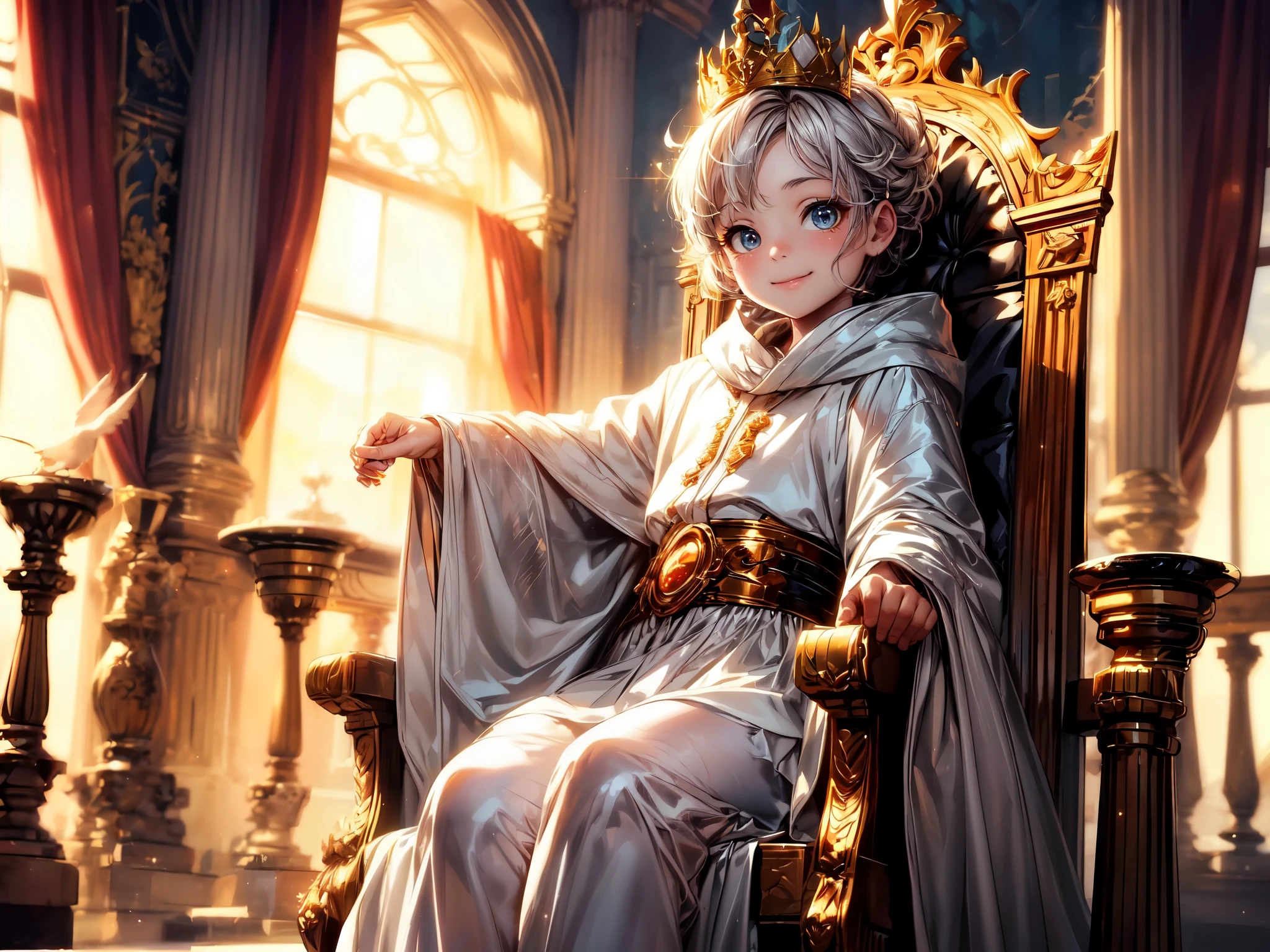 (wide angle), (best quality,4k,8k,highres,masterpiece:1.2),ultra-detailed,(realistic,photorealistic,photo-realistic:1.37), (solo), A cute ( boy:1.1) wearing a (white cloak) and a (very long translucent silk long skirt:1.1), best wrinkle, best shadow, (translucent White long stockings), legs under the dress, soft curly hair, sparkling eyes, (curious sparkling eyes, innocent smile, cheeks rosy with happiness), dainty silver crown on his head, (Sitting on an exquisite and solemn throne), In the magnificent palace, bathed in warm golden sunlight, creating a dreamy and magical atmosphere.