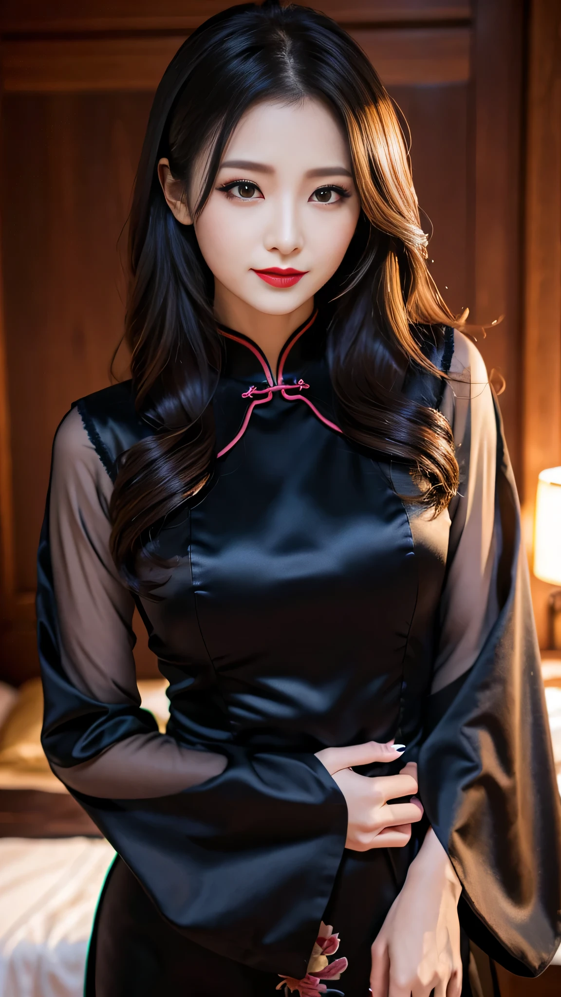 Super detailed、Japanese、charming beauty、seductive adult woman、Beautiful woman、sharp eyes、cool girl、wavy hair、long black cheongsam、wide sleeve、evilの幹部、evil depravity、brainwashing、Mind control、apply lipstick、grin、evilな表情、evil、empty eyes、evil、midnight、vampire、vampire、Hypnosis、puppet