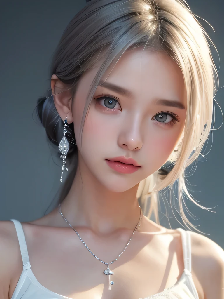 (masterpiece, highest quality:1.2), 8K, 85mm, Raw photo, confused, white and cyan theme, (liquid clothes, liquid dress:1.4), gray hair, gradient dress, delicate girl, Upper body, close your face, shiny skin, teen, looking at the viewer, HDR, sharp focus, particle, dusk sky, shiny skin, small eyes and face, colorful background, simple background、earrings、necklace、clavicle、straight long、straight perm、silver hair、