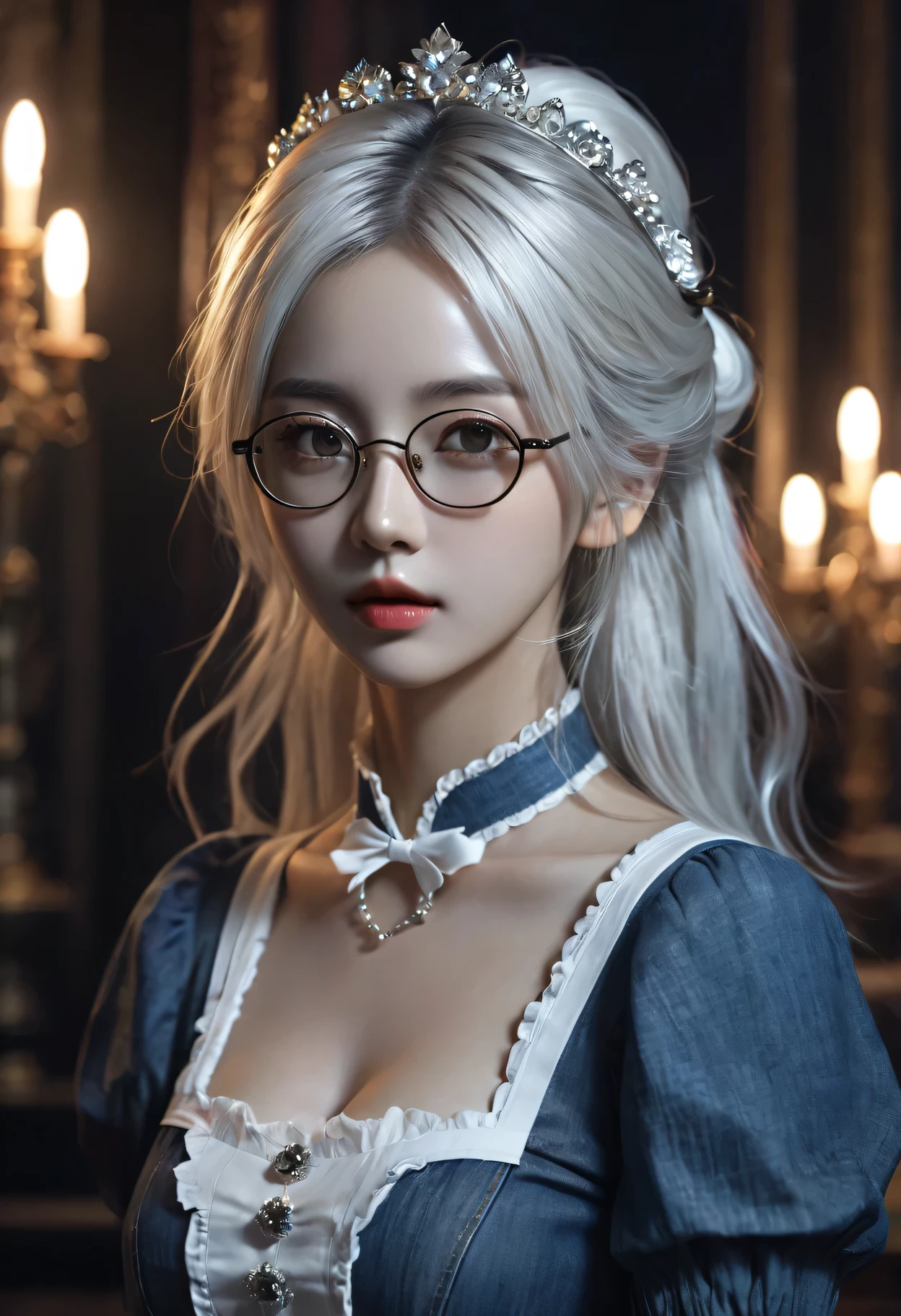 (in the darkness: 1.6),Surrealist female portrait, fantasy art, photorealism, dynamic lighting, art station, poster, Volumetric lighting, Very detailed faces, 4K, won,, 1 girl, in the darkness, deep shadow, low profile, denim lenses, (maid outfit: 1.4), long hair, white hair, broken into pieces, luxurious palace, royal style, wear glasses,hair accessories